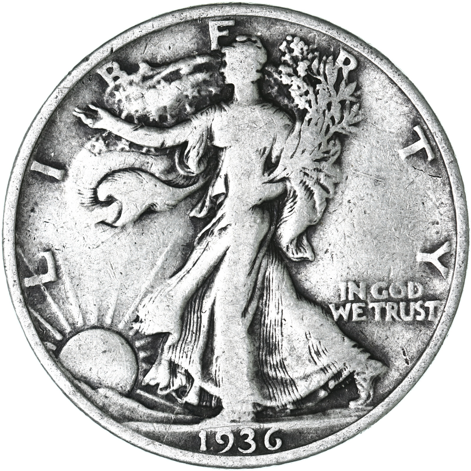 1936 (P) Walking Liberty Half Dollar 90% Silver Fine FN