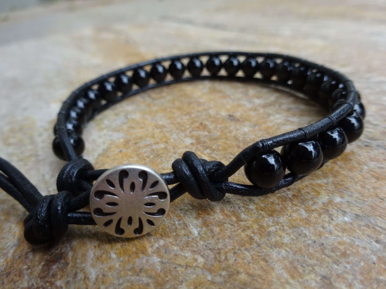 Men's Black Onyx Gemstone Single Wrap Leather Bracelet Tribal Bohemian 7.5"