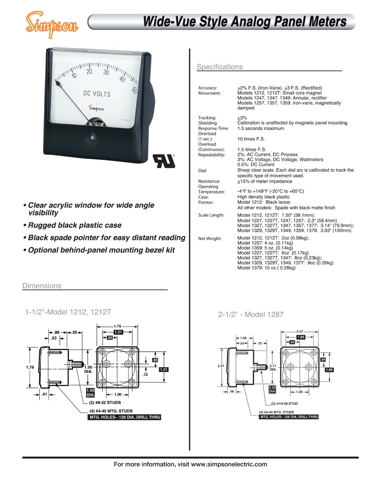 Simpson 09640 Analog Panel Meter 0-500DCV 2.5" Wide