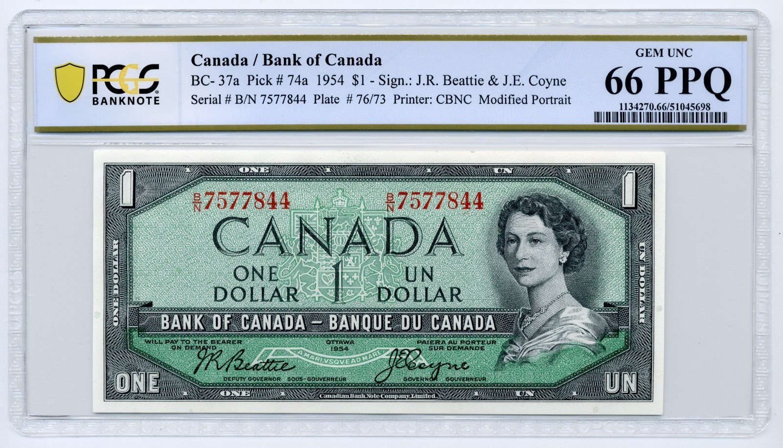 1954 $1 Bank of Canada, BC-37a - GEM Uncirculated, PCGS MS66 PPQ