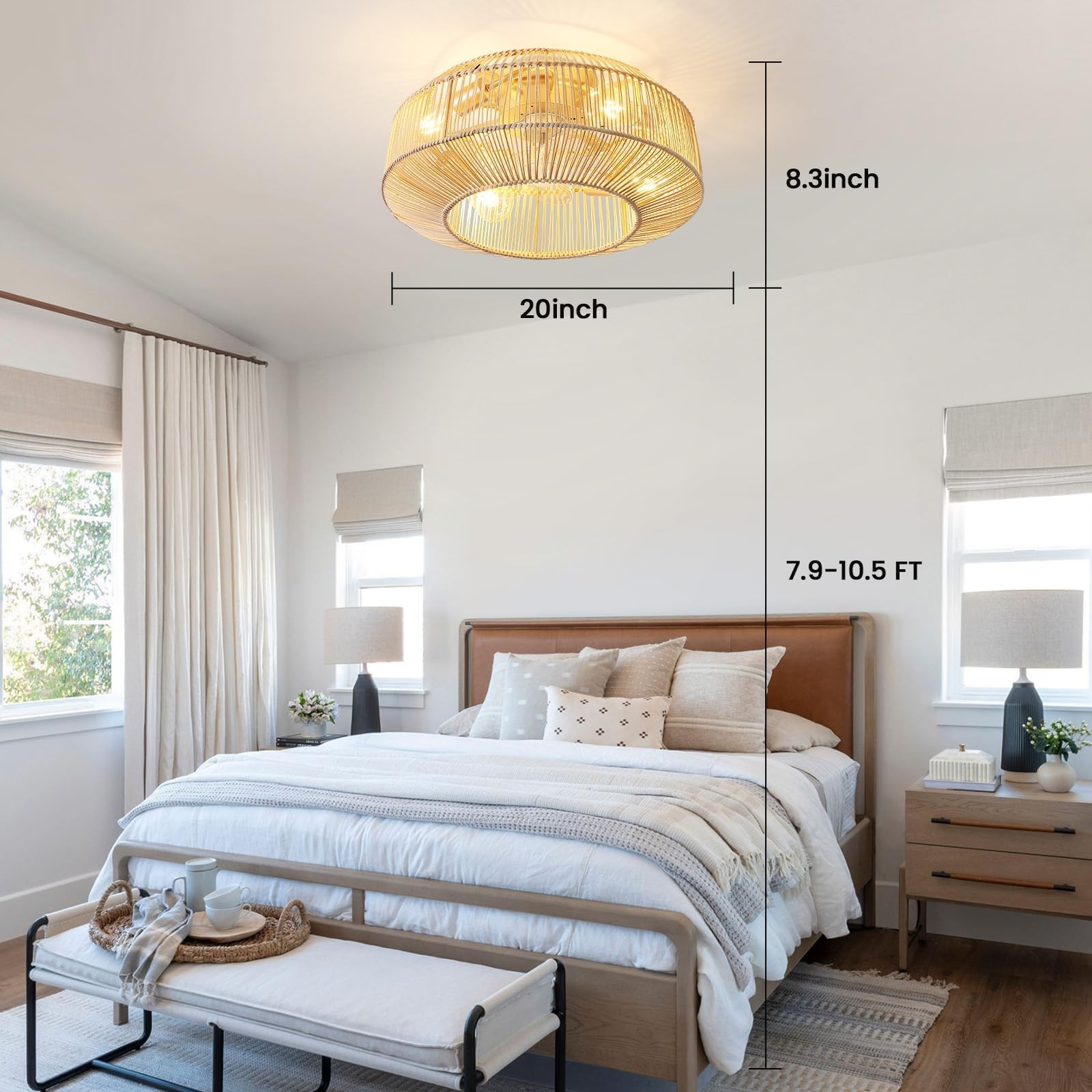 20" Boho Rattan Ceiling Fan with Lights, Flush Mount Caged Ceiling Fan with R...