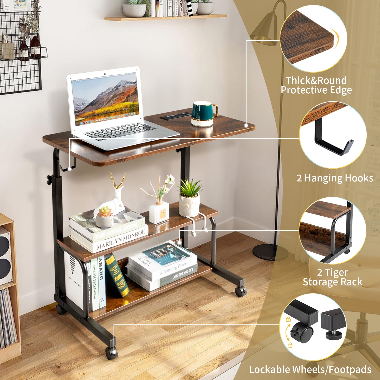 Vintage Brown Adjustable Computer Desk,3 USB + 2 AC Outlets,80‑104 cm Height