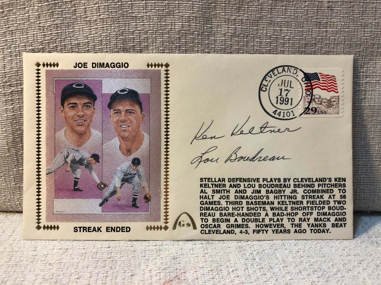 Ken Keltner & Lou Boudreau Signed First Day Cover 1991 Envelope Cachet JSA