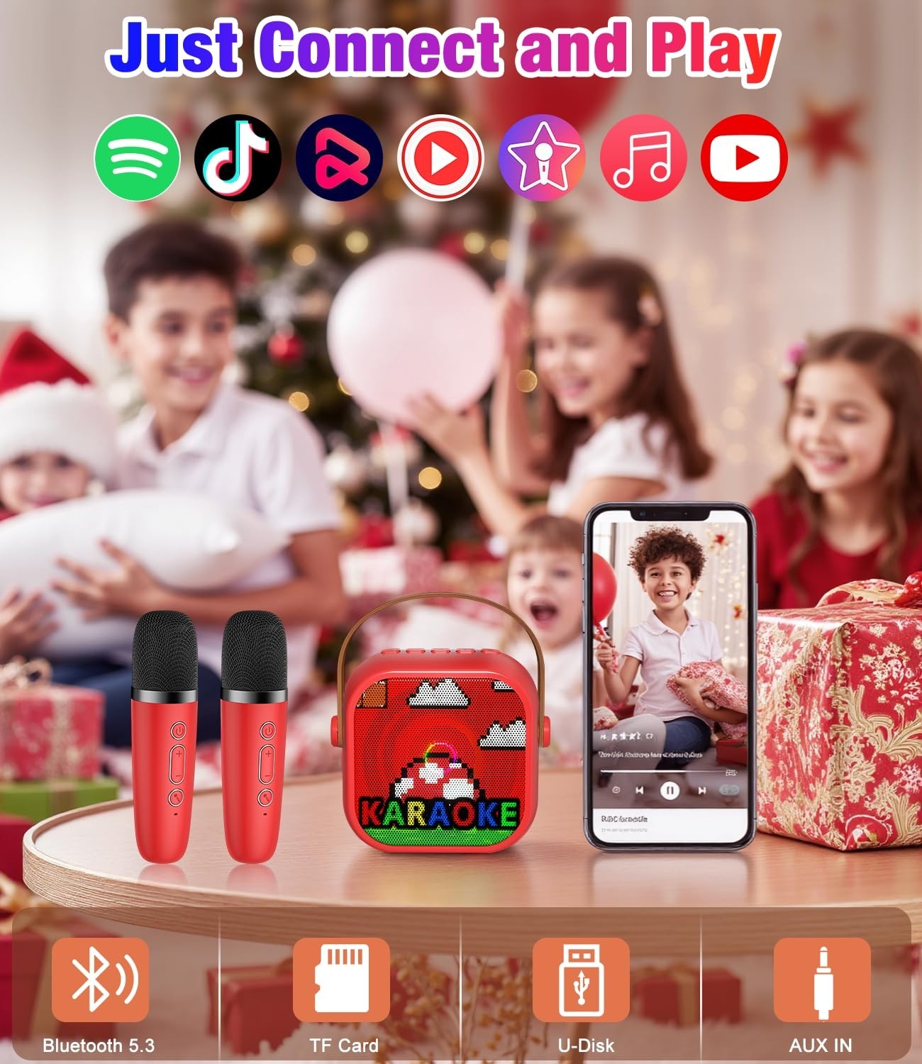 Mini Karaoke Machine, Portable Bluetooth Speaker with 2 Wireless Microphones for