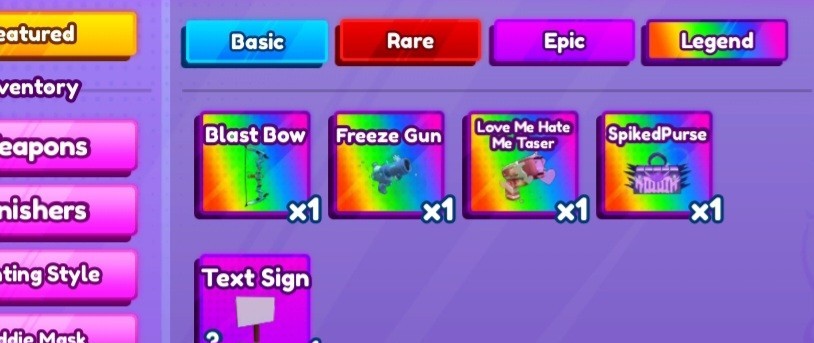 Rare Blast Bow, Freeze Gun, Love Me Hate Me Taser, Spiked Purse Baddies roblox