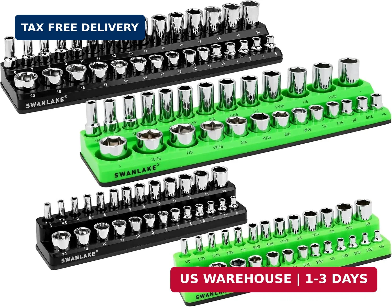 SWANLAKE 4-Piece Magnetic Socket Organizer Set, Metric & SAE Socket Holder Set I