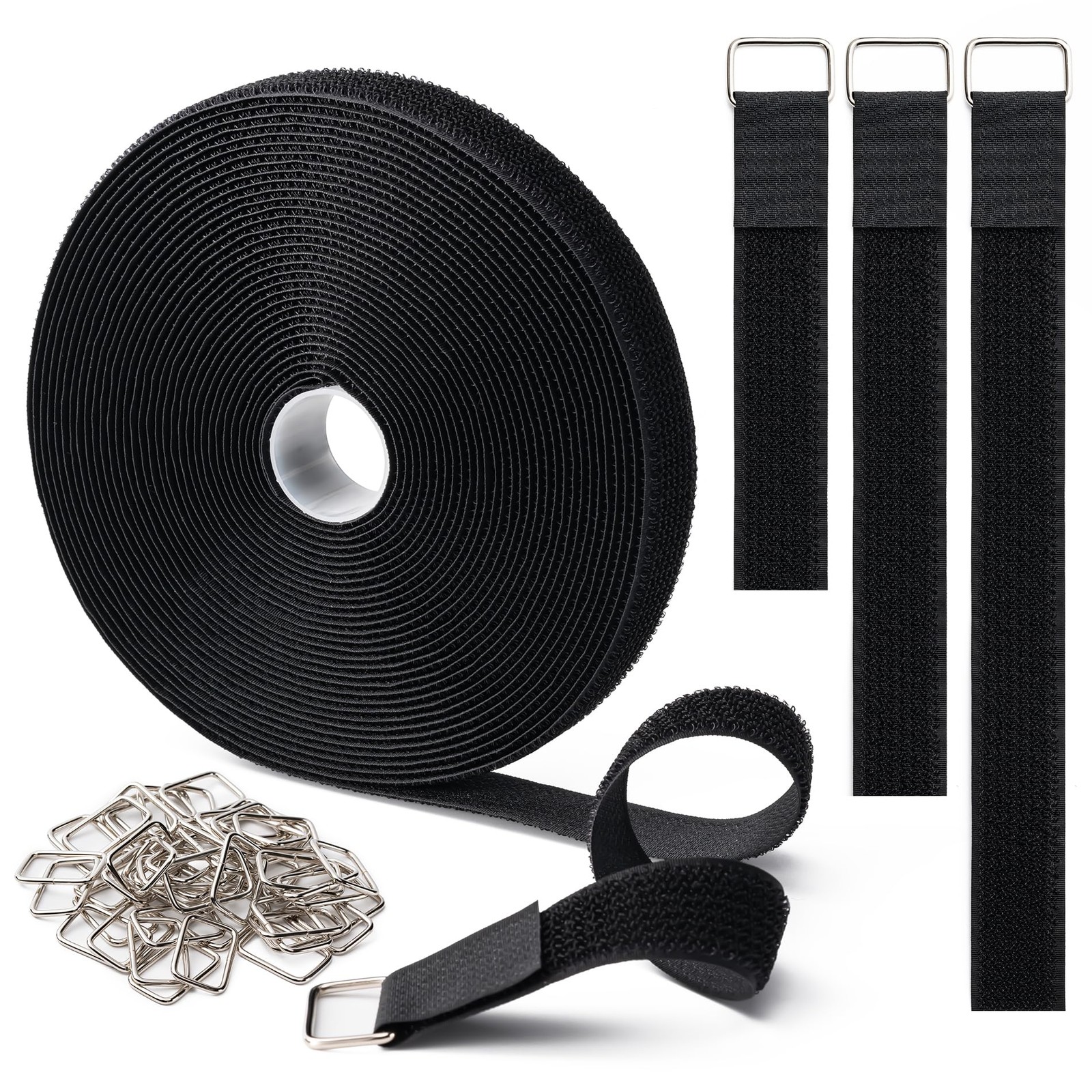 1" x16Ft Hook and Loop Straps with 25 Metal Buckles, Adjustable Fastening Cab...