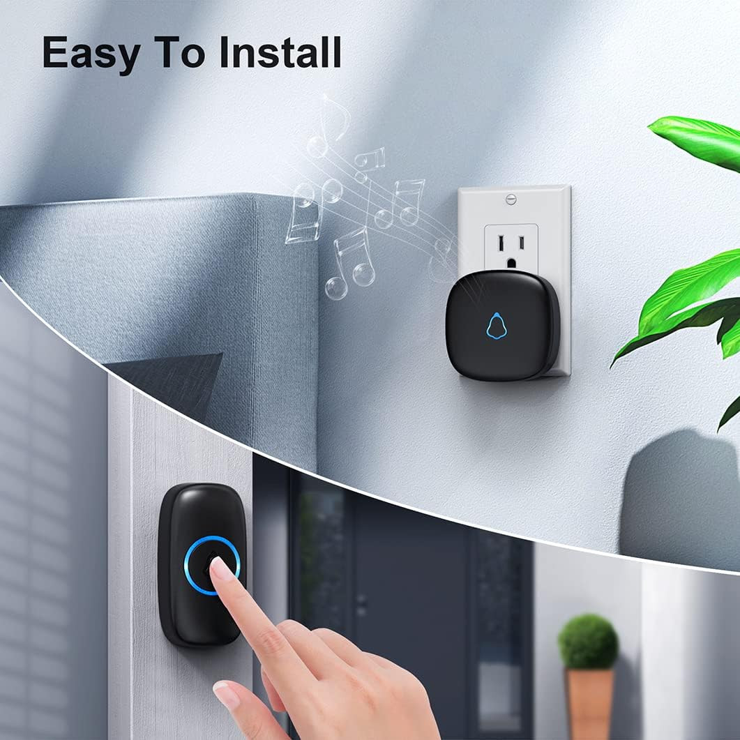 Wireless Doorbell with 2 Receivers 2 Push Buttons, Easy Installation, Adjustable