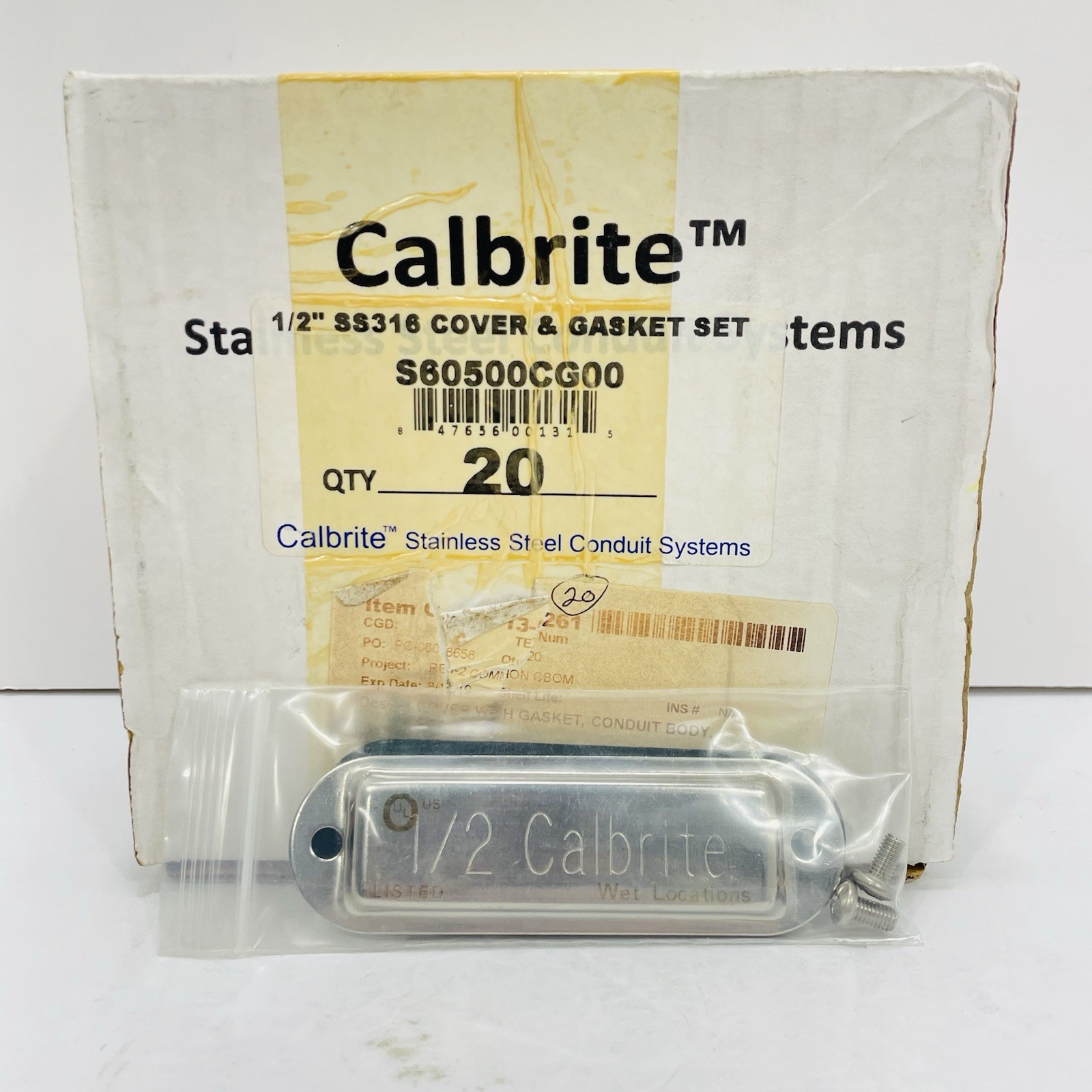 Qty 1 Calbrite S60500CG00 1/2” Stainless Steel Conduit Body Cover & Gasket ~NEW~