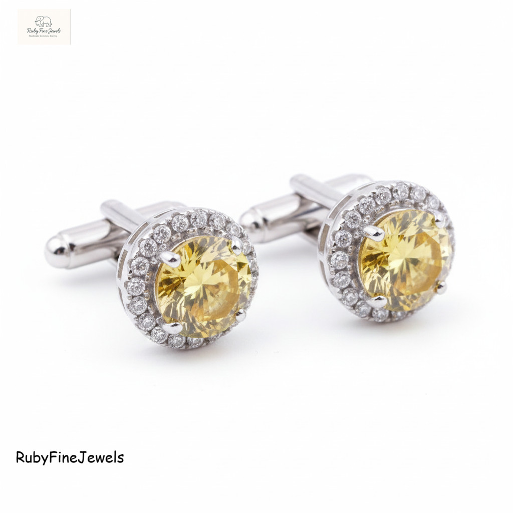 925 Sterling Silver Yellow Citrine Halo Cufflinks Round Cut Men's Cufflink
