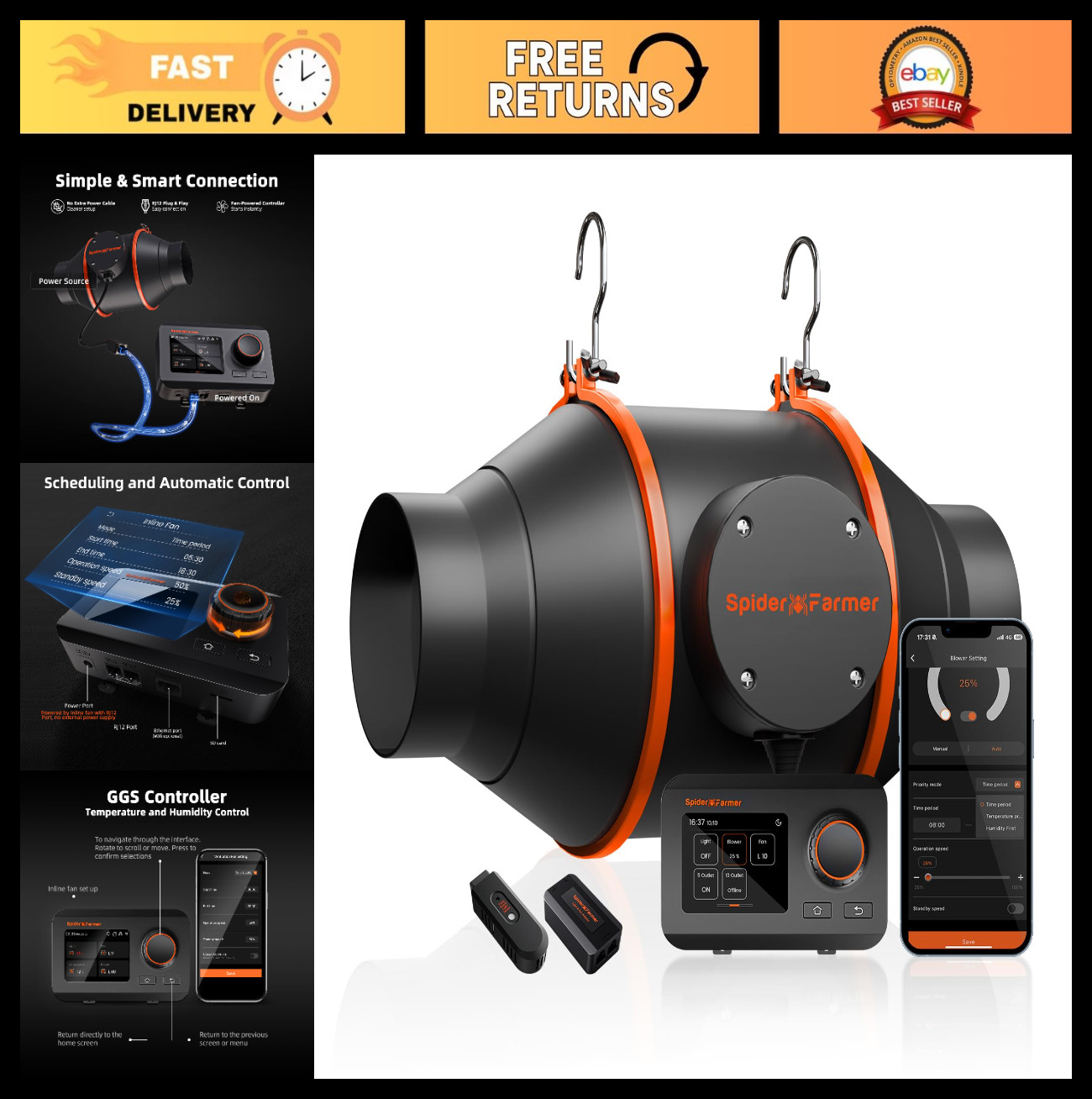 4" Inline Duct Fan with Temperature Humidity Controller, 205 CFM Ventilation for