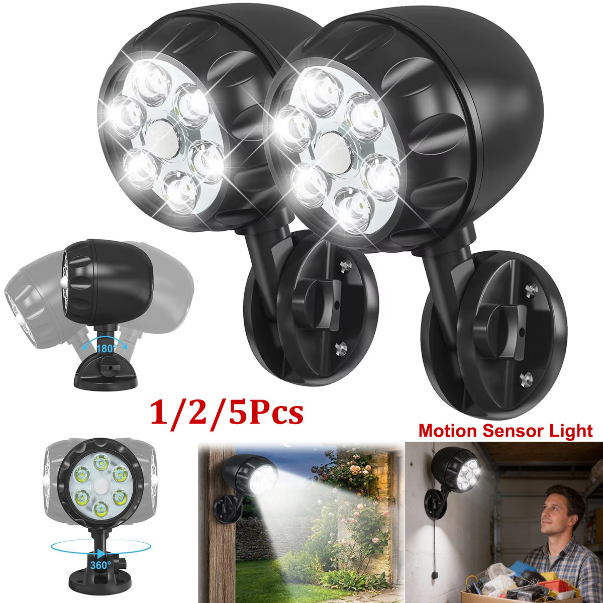 Battery Powered Motion Sensor Security Light Outdoor Garden Lamp 6 Led Spotlight