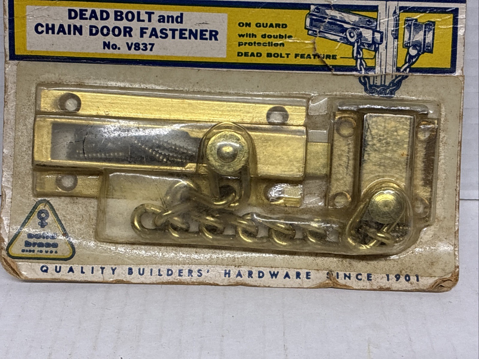 Vintage National Mfg Solid Brass Chain Door Fastener w/Deadbolt V837