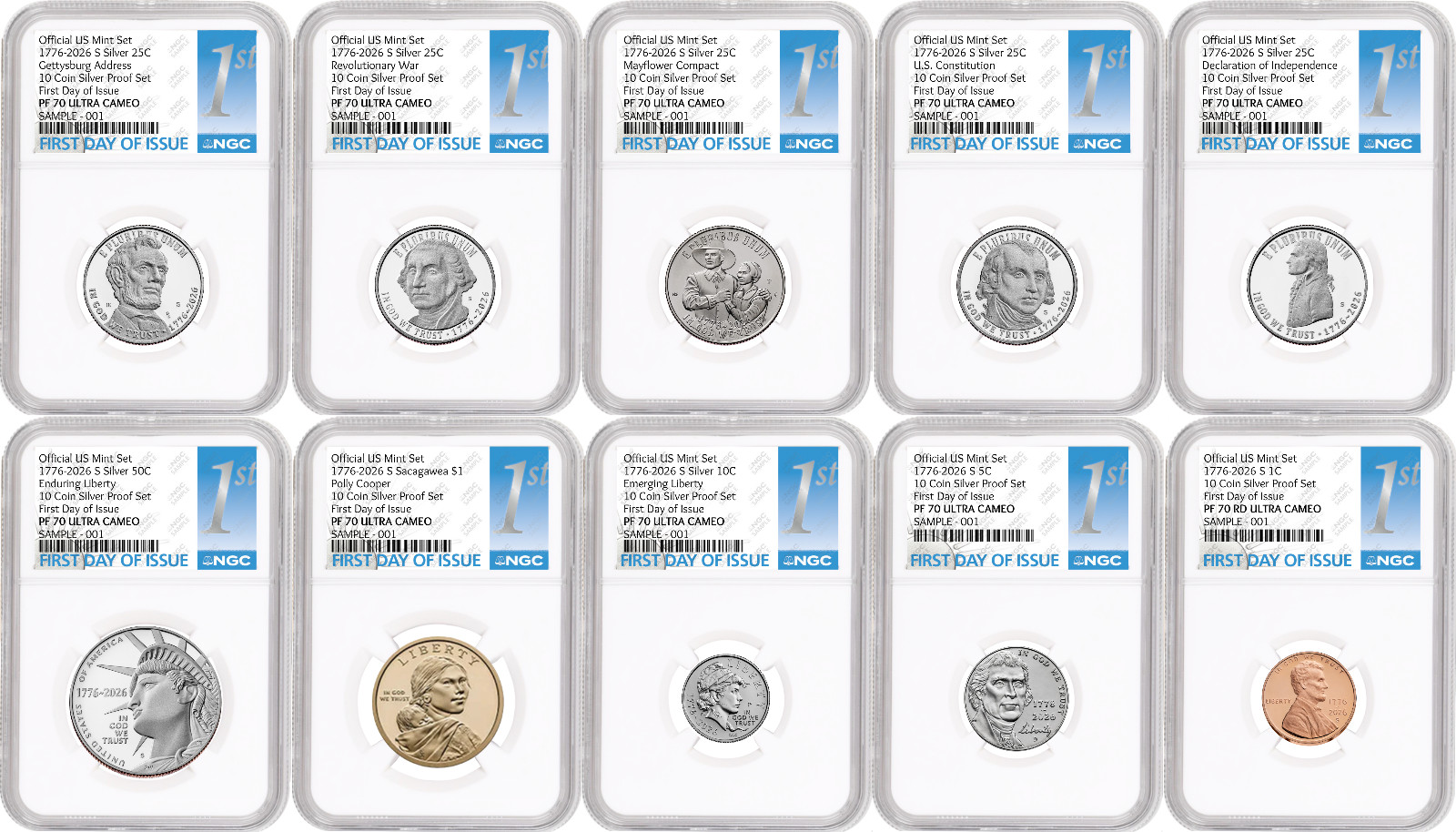 1776-2026 US Mint Complete 10 Coin Silver Proof Set NGC PF70 FDOI 1st Presale