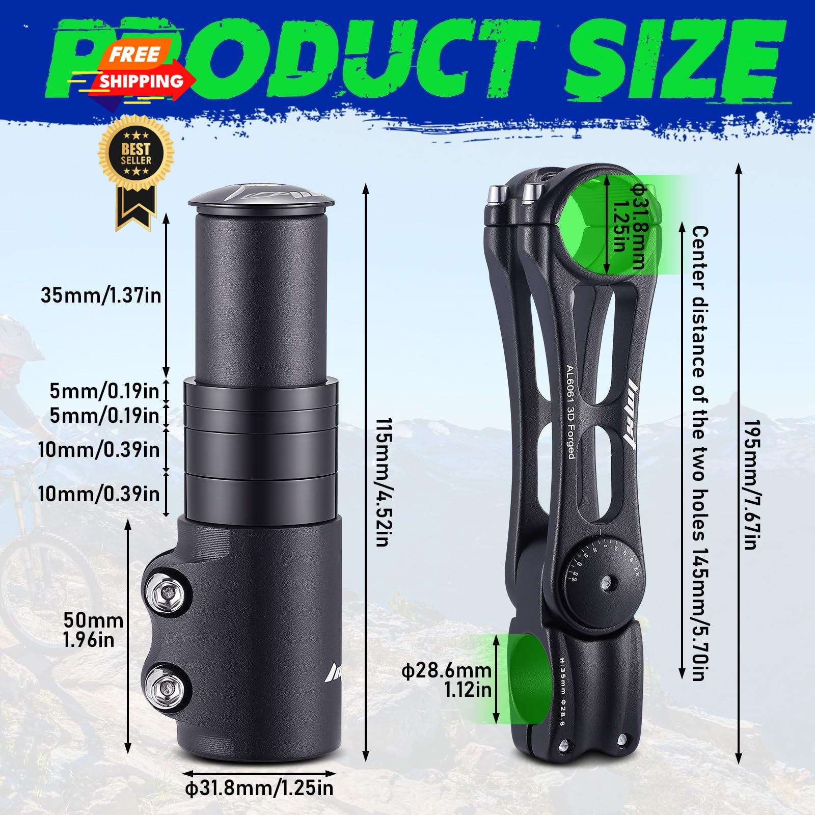 Bike Stem Riser & Adjustable Set, 31.8mm Handlebar Angle Medium, black