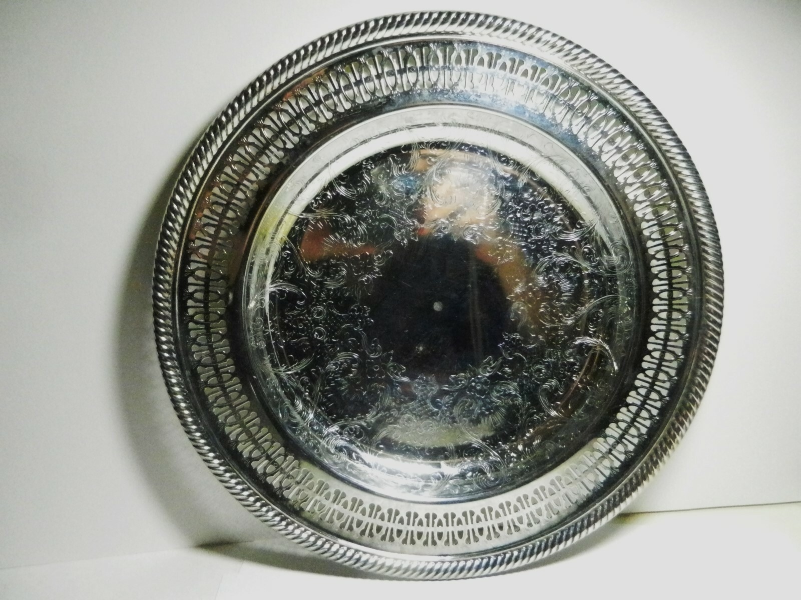 Wm Rogers Silverplated Engraved -Pierced Tray Rim 10 1/2" Star Eagle Trade Mark
