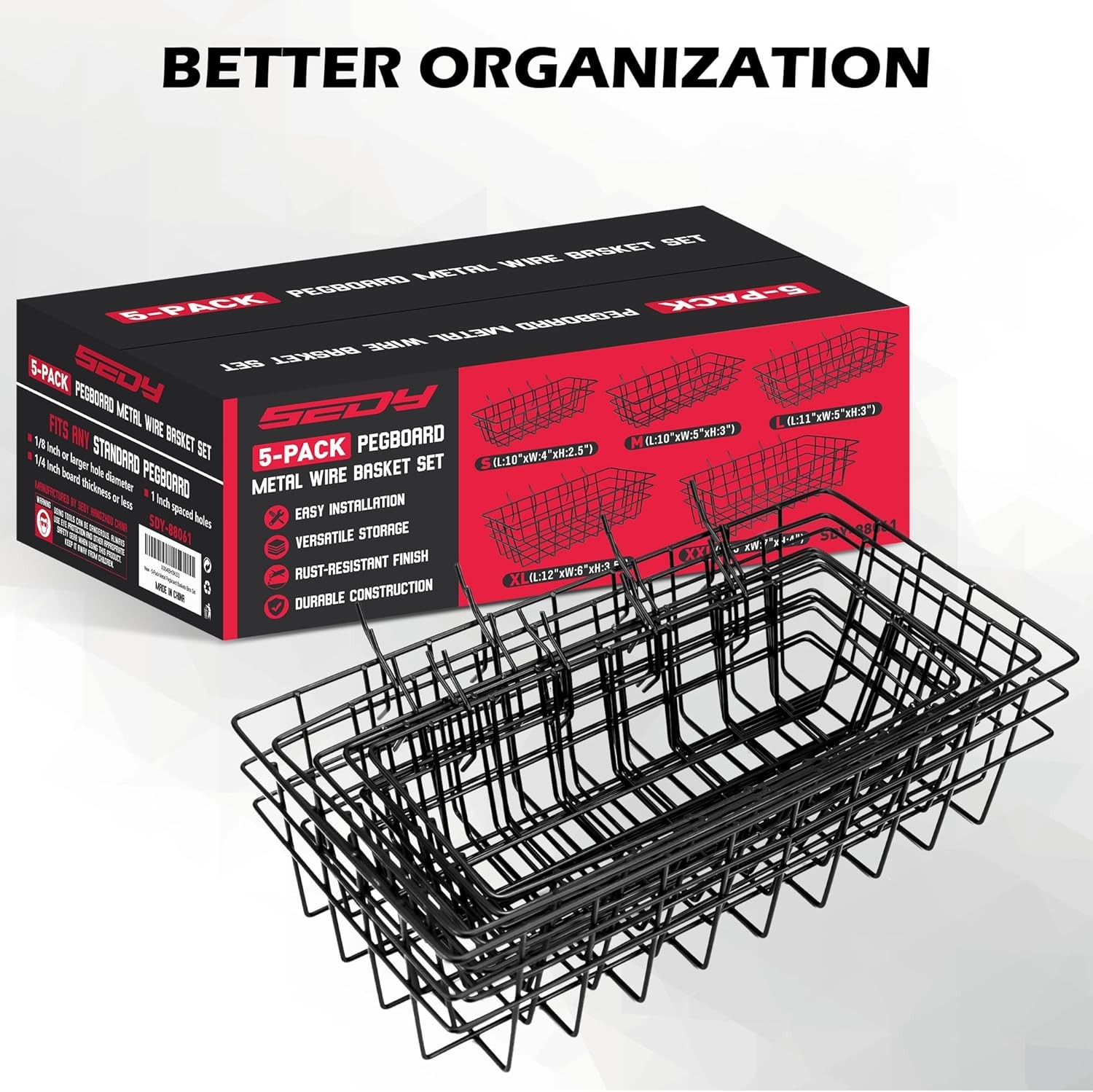 5-Piece Pegboard Baskets Set - Heavy Duty Peg Board Organizer Accessories Bin Se