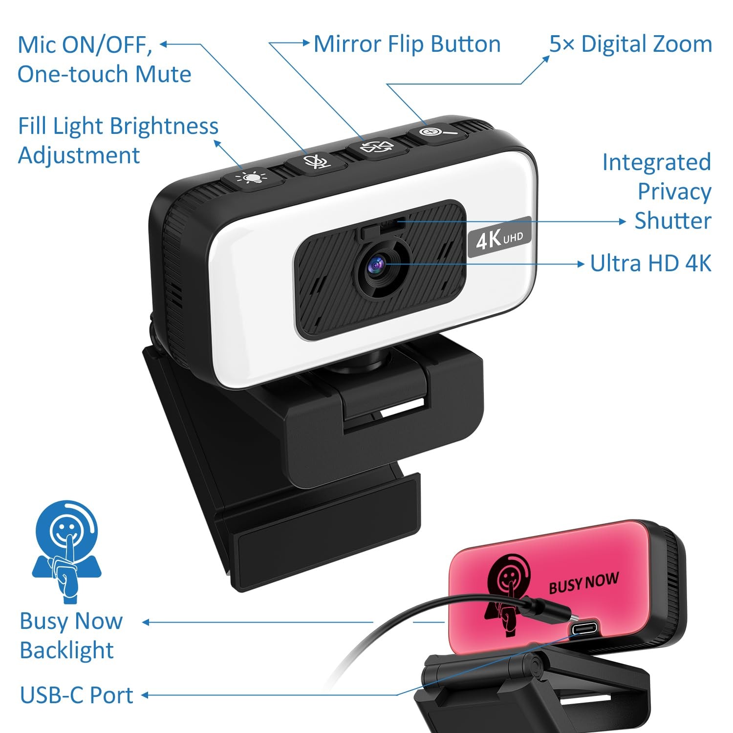 4K Webcam for PC, Web Camera for Desktop Computer, USB Webcam with Noise Canc