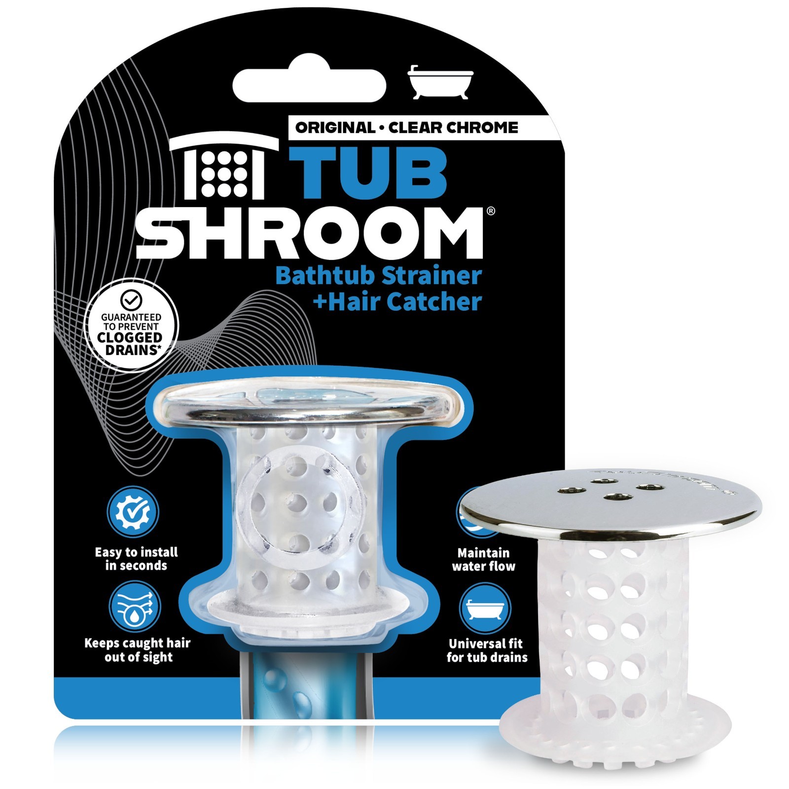TubShroom® Revolutionary Chrome Drain Protector Hair Strainer - No More Clogs