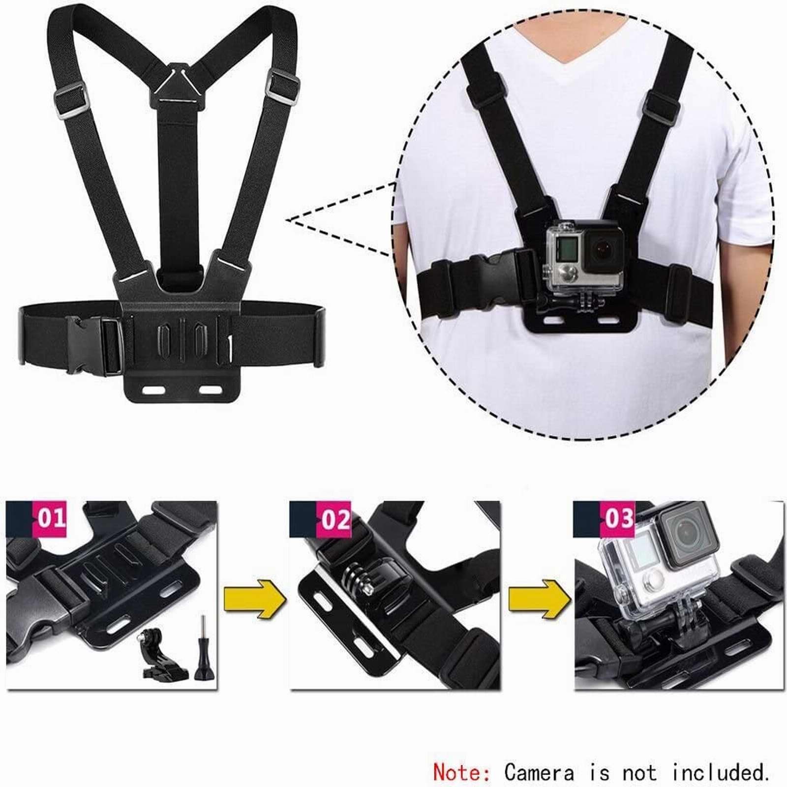 3 in 1 Action Camera Accessories Kit-Head Strap Mount Chest Harness Selfie stick