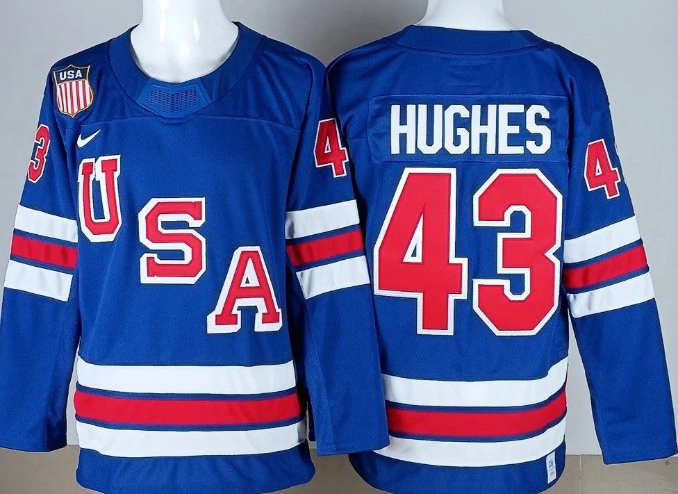 Quinn Hughes #43 Team USA Hockey Jersey Men Striped Long Sleeve Embroidered Logo