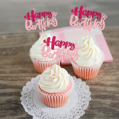 Ephlyn 24Pcs Happy Birthday Cupcake Toppers Double Layer Rose Red Pink Style 1