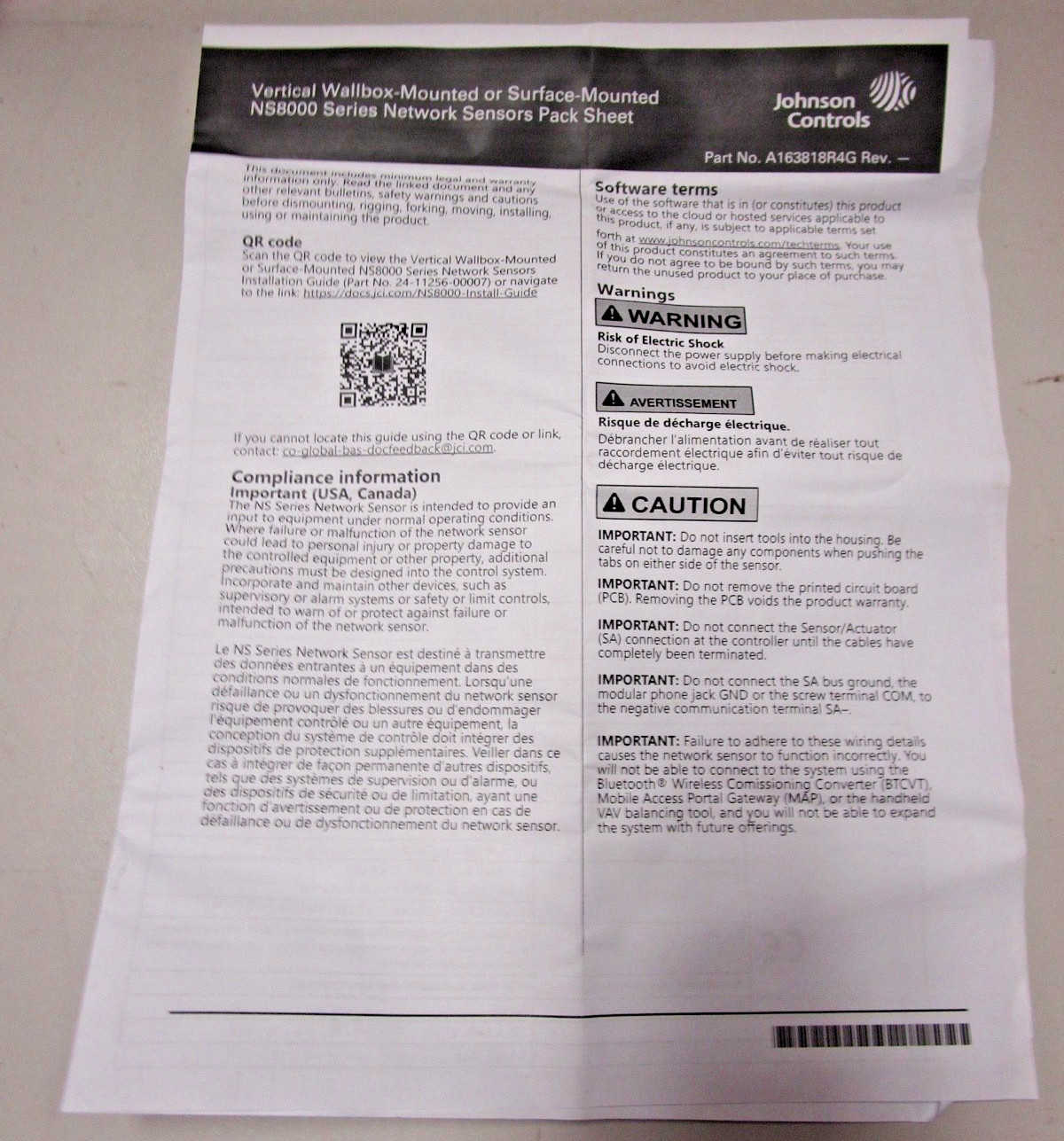 JOHNSON CONTROLS NETWORK HUMIDITY AND TEMPERATURE SENSOR #NSB8BHN240-0 NEW