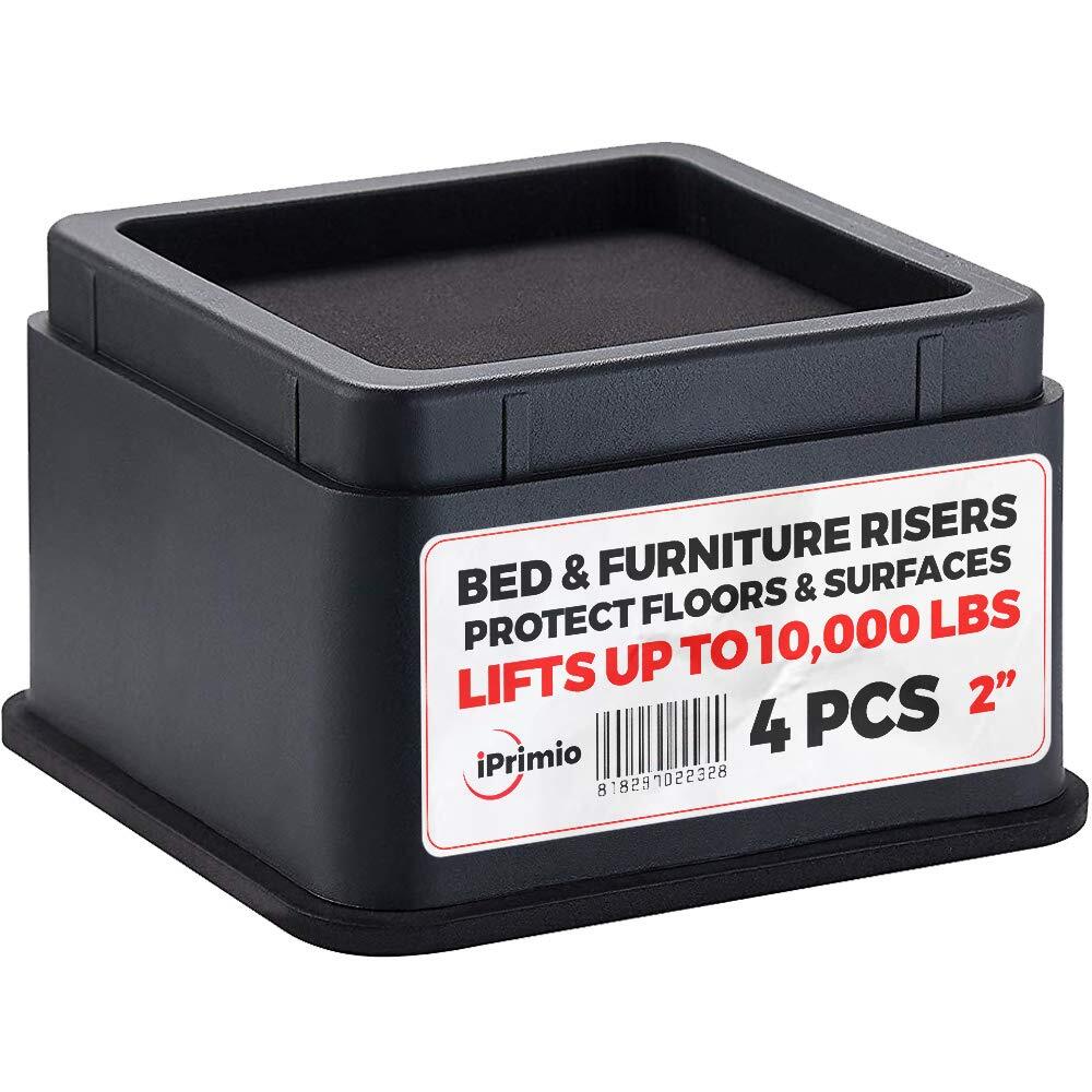 Black Bed Risers with Anti Skid Foam Grip 2 Inch Elevation Heavy Duty 10000 Lbs