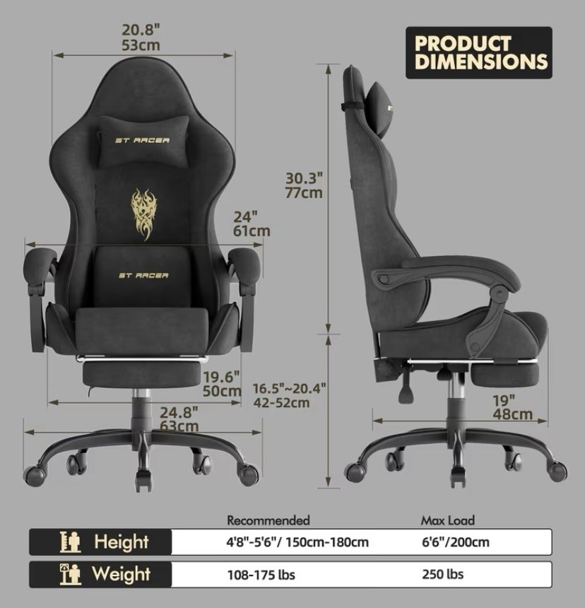 Jiff’s Velvet Gaming Chair, Ergonomic Chair with Footrest & Massage Lumbar