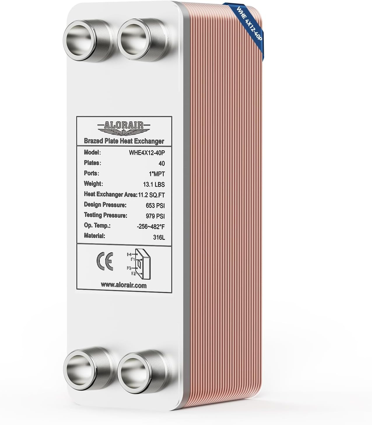 4"X12" 40 Plates Heat Exchanger with 1" MPT Port,316L Stainless Steel Water to W