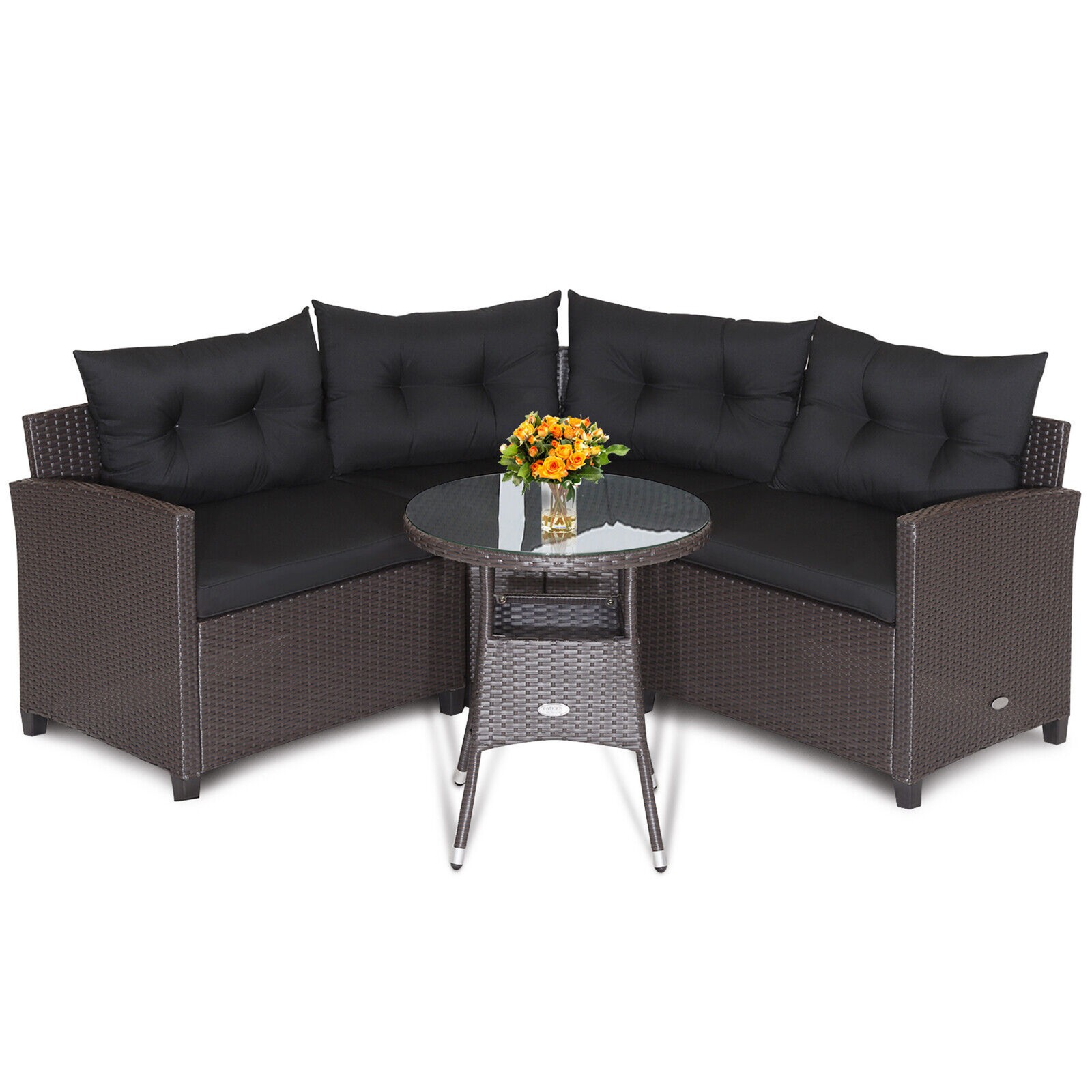 4PCS Wicker Patio Sofa Set Rattan Outdoor Furniture Set w/ Black Cushions