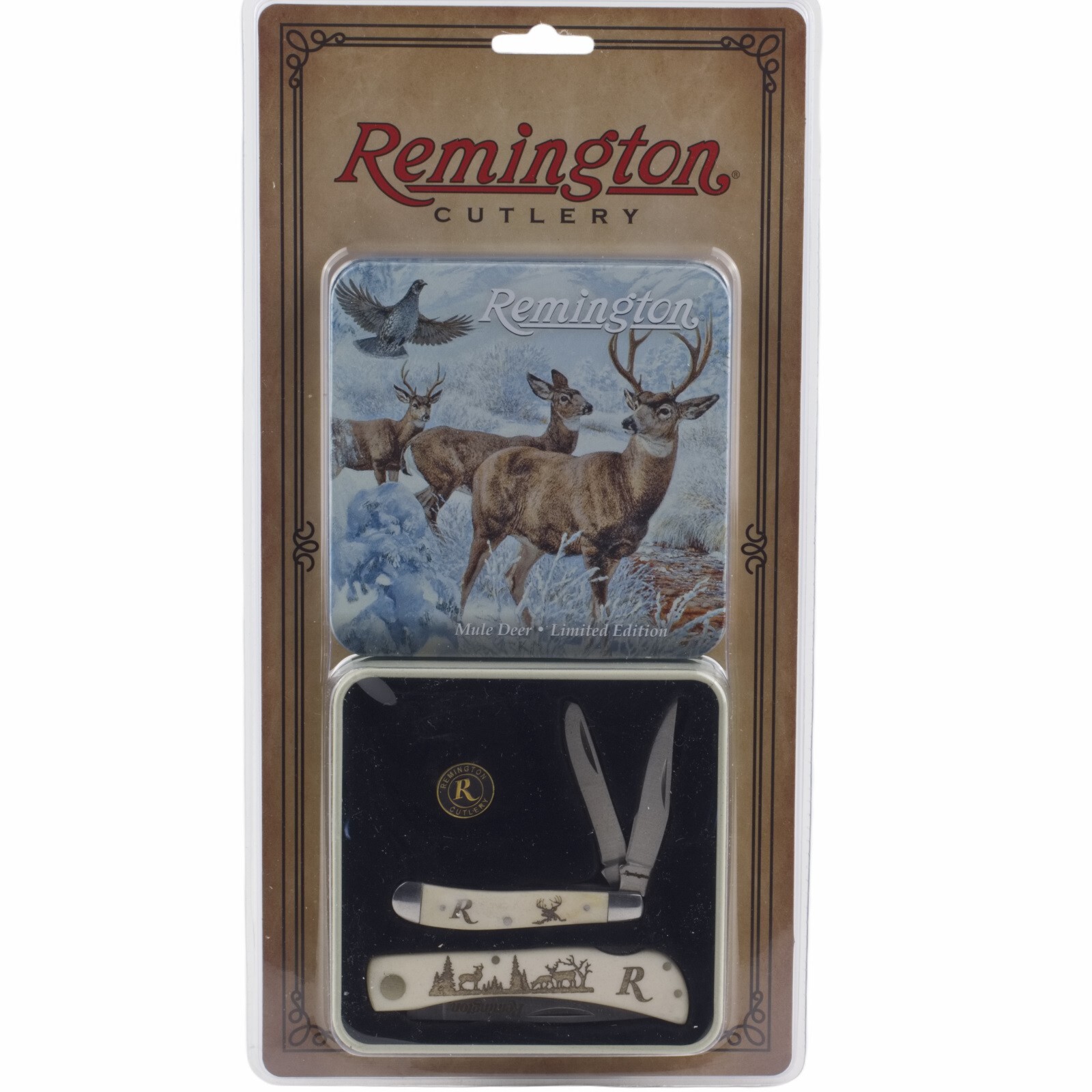 Remington Mule Deer Peanut Lockback Knife Gift Set Tin White Smooth Bone