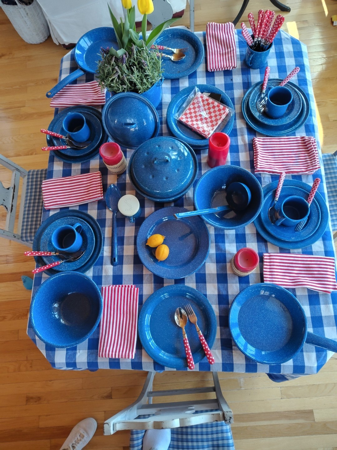Vintage Used Blue Specked Enamelware  Camping Table Decor. Includes 31 Pieces.