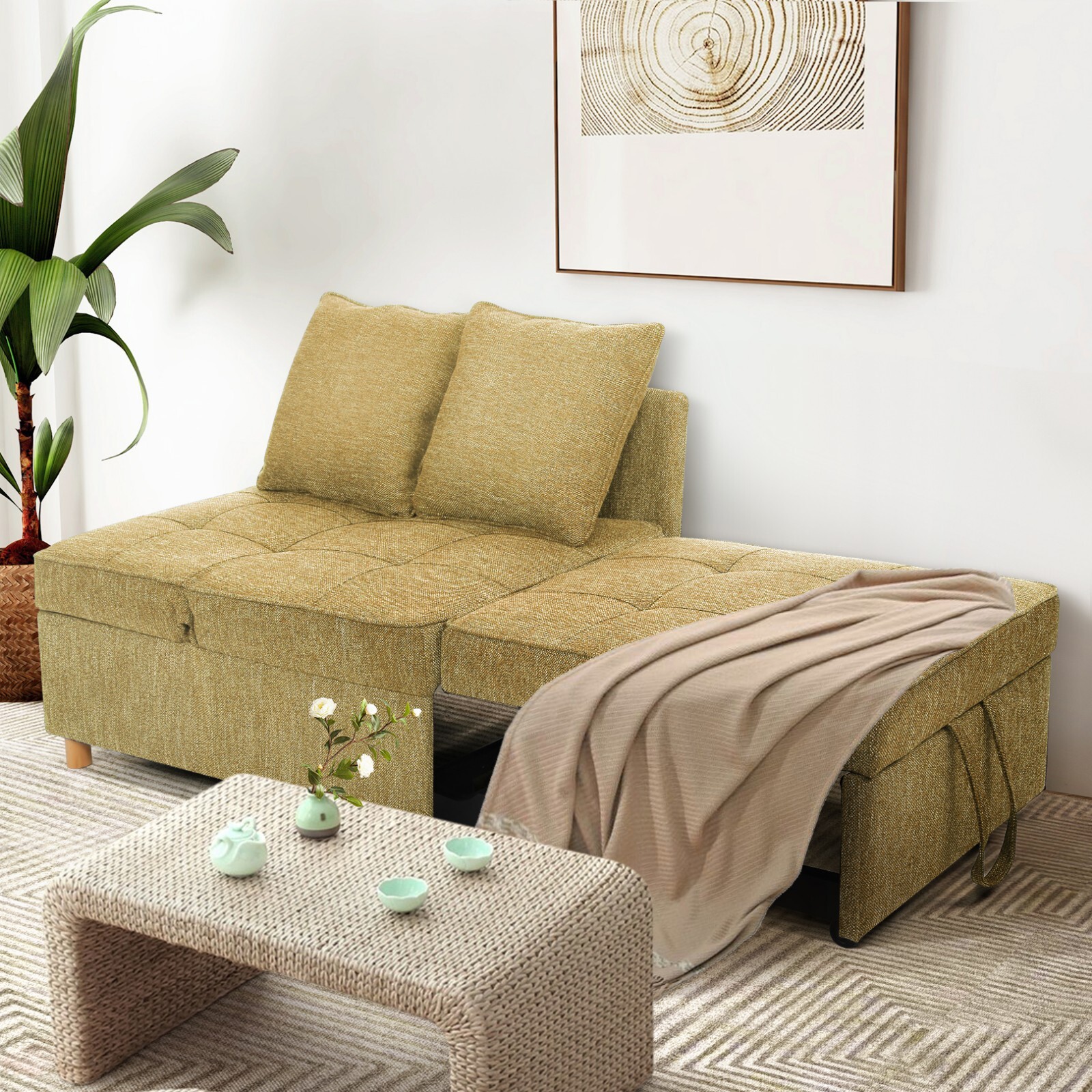 Folding Ottoman Sofa Bed Chair 4-in-1 Sleeper Sofa Adjustable Backrest+2 Pillows