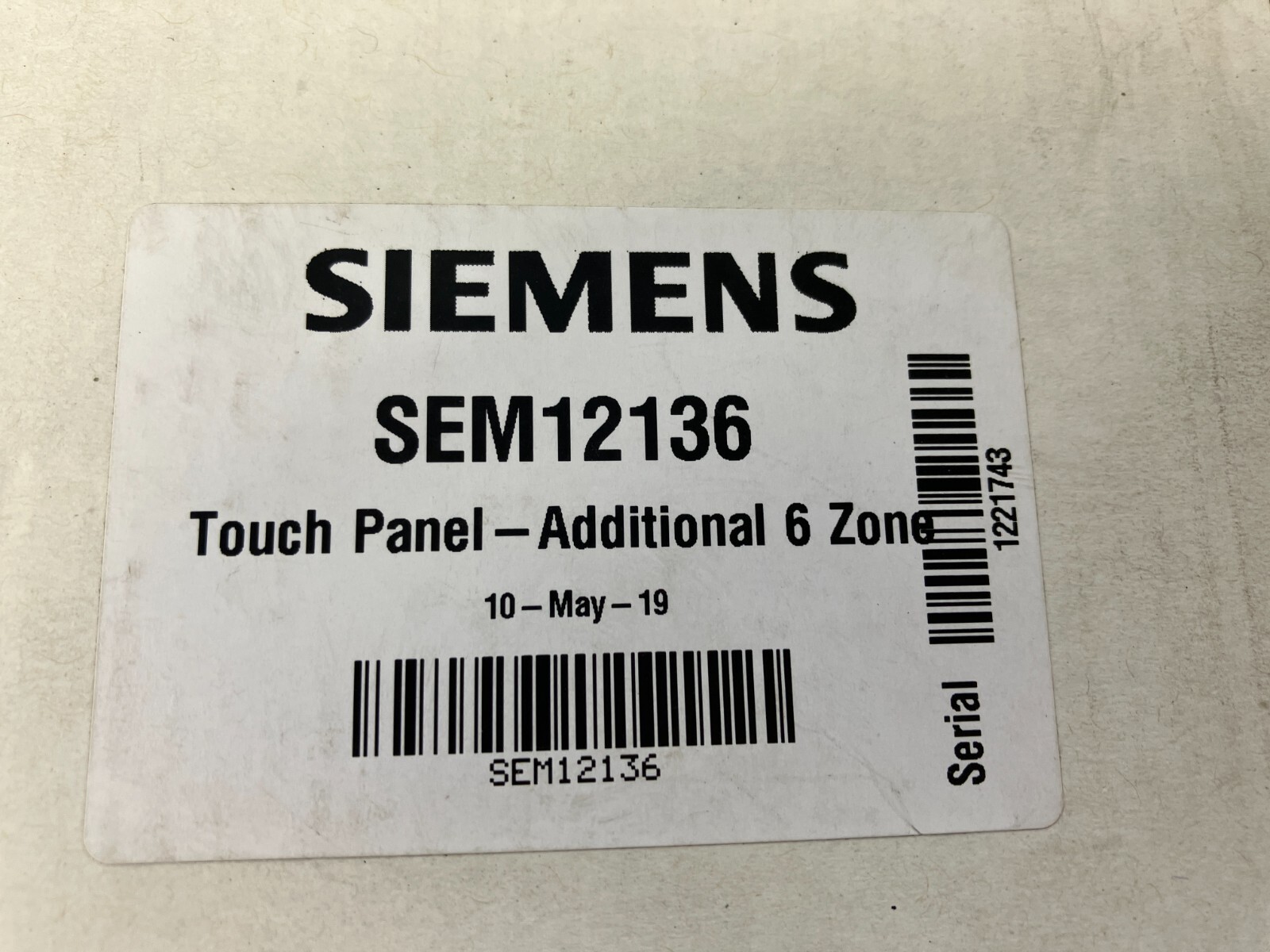 Siemens SEM12136 Touch Panel - Additional 6 Zone - 12429-1217410 - Unused