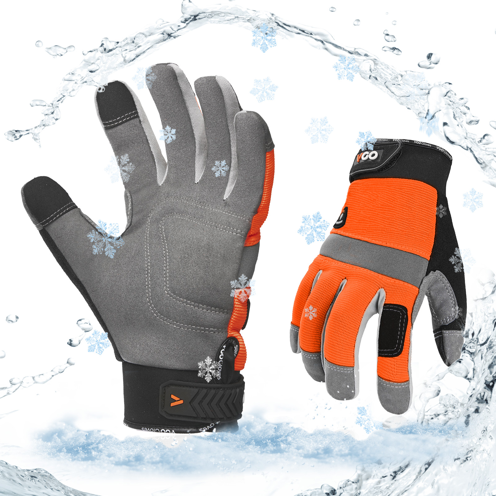 Vgo 1Pair 41℉ Lined Touchscreen Waterproof Winter Work Gloves (SL7584FLWP-ORA)