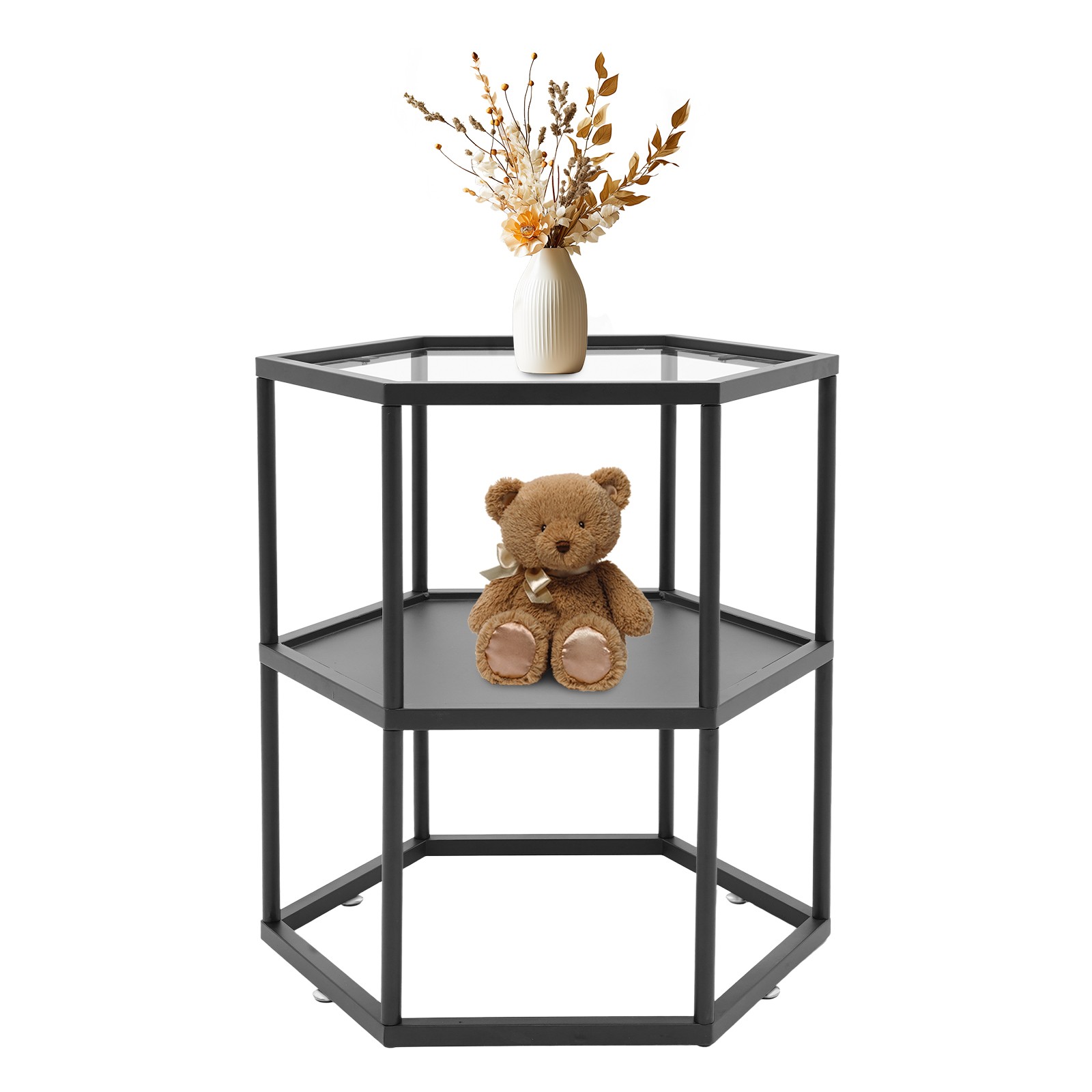 Modern Side Table, Hexagonal Side Table, Iron Side Table with 2-Tier Storage She