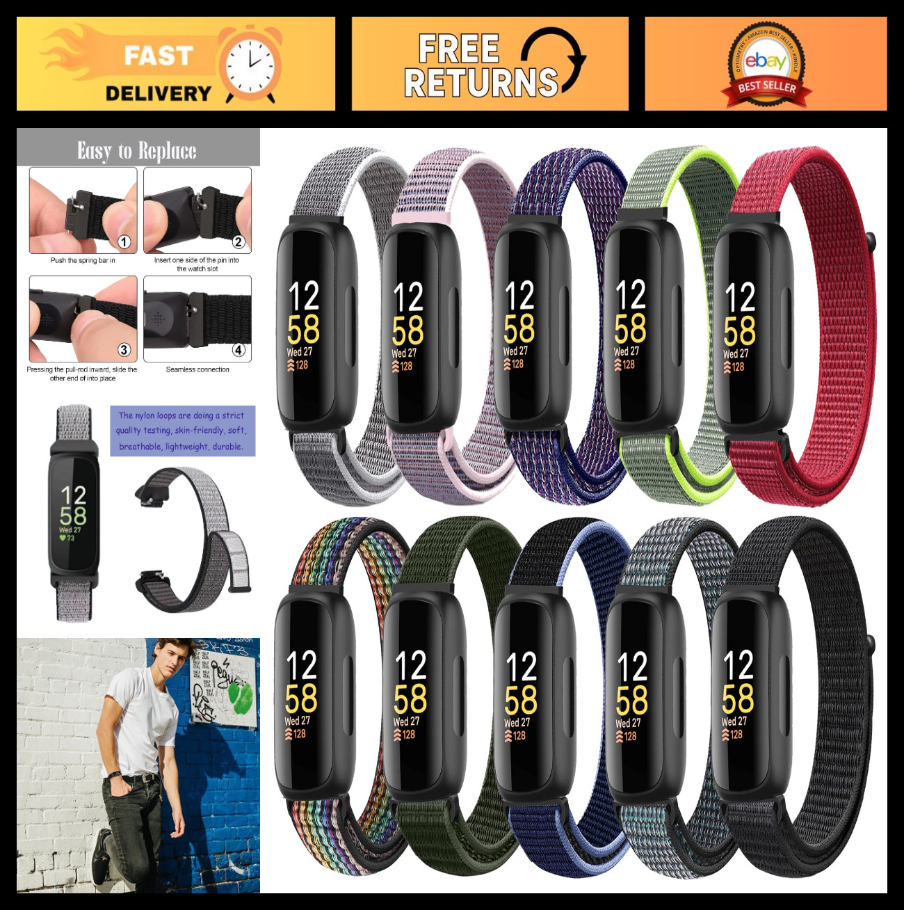 10 Packs Adjustable Nylon Bands for Fitbit Inspire 2/3 & Ace 2/3 - Sporty Stretc