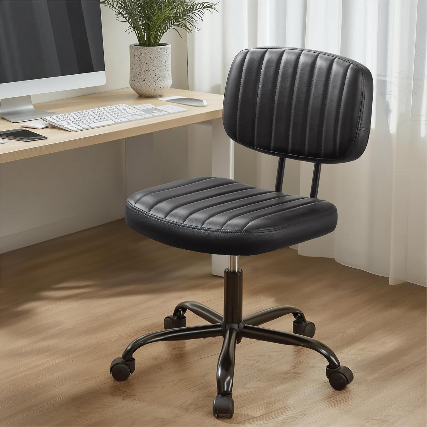 Small Office Desk Chair Armless PU Leather W/ Comfy Lumbar Support Height