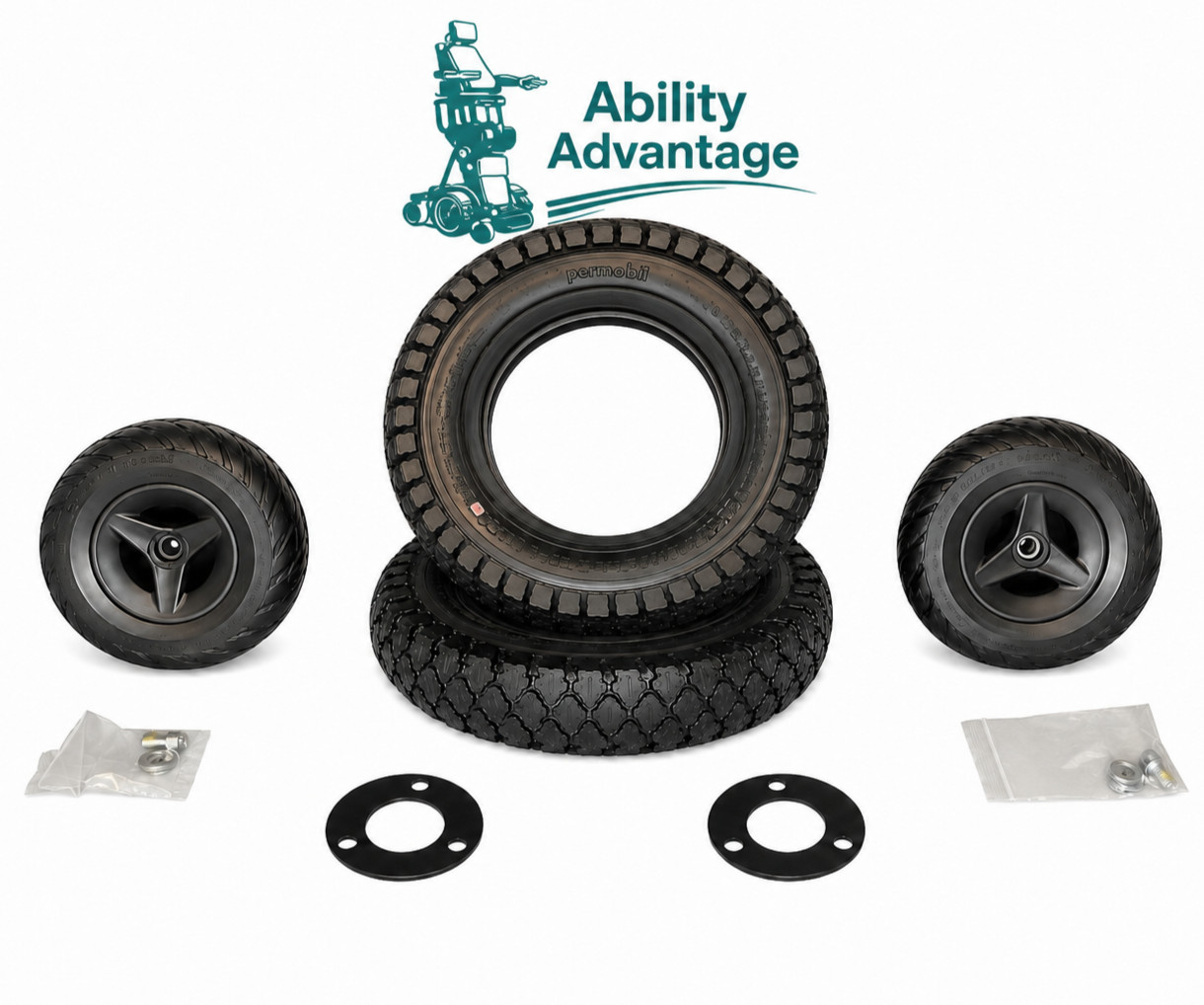 ‘2 PERMOBIL’ 14” AGGRESSIVE FOAM FILL TIRES 3.00-8,  2 AGGRESSIVE SOLID CASTERS