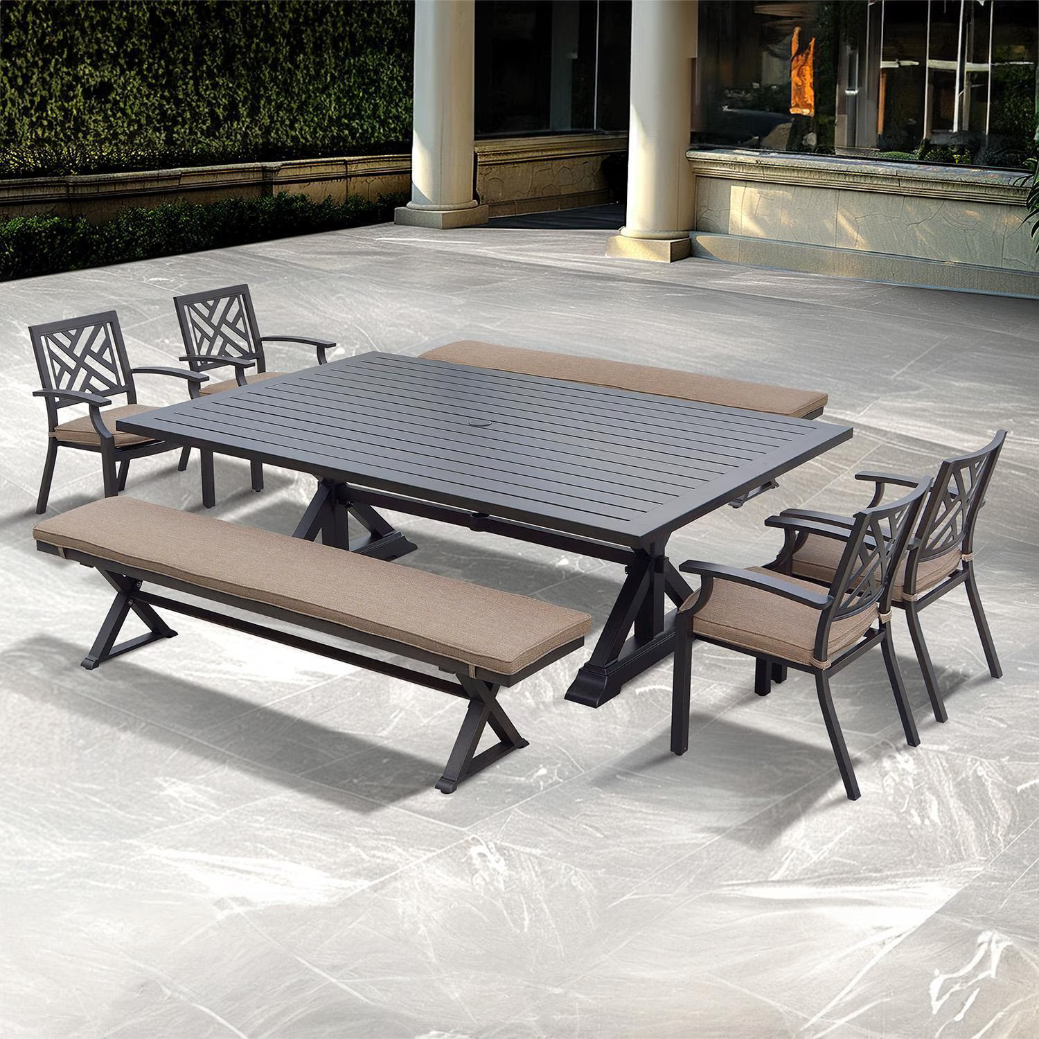 Brooklyn 7 Pc Aluminum Dining Set 88 X 59 Inch Rectangular Table Benches & 4