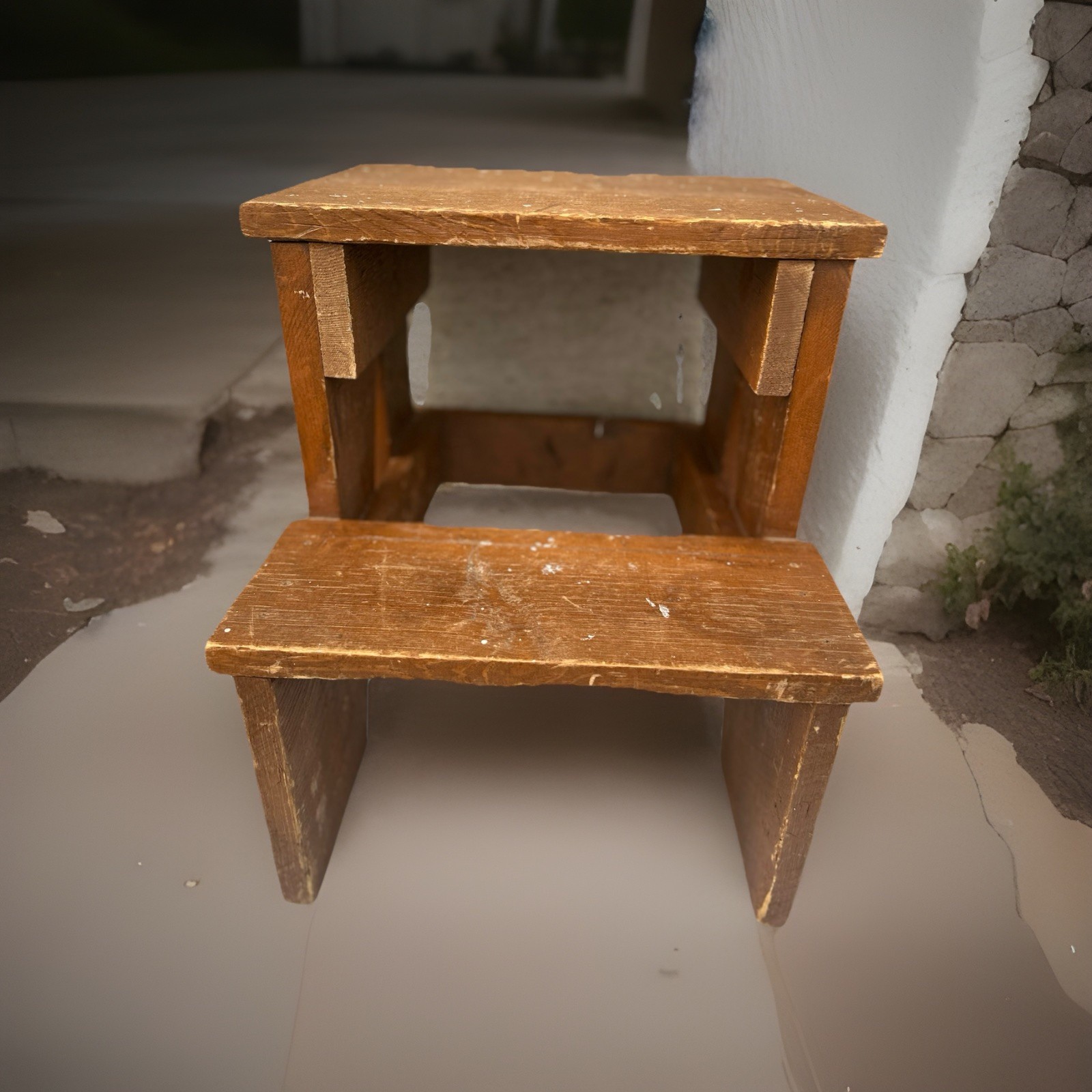 Vintage Rustic Solid Wood 2-Step Stool Farmhouse Bench Plant Stand Brown 19+