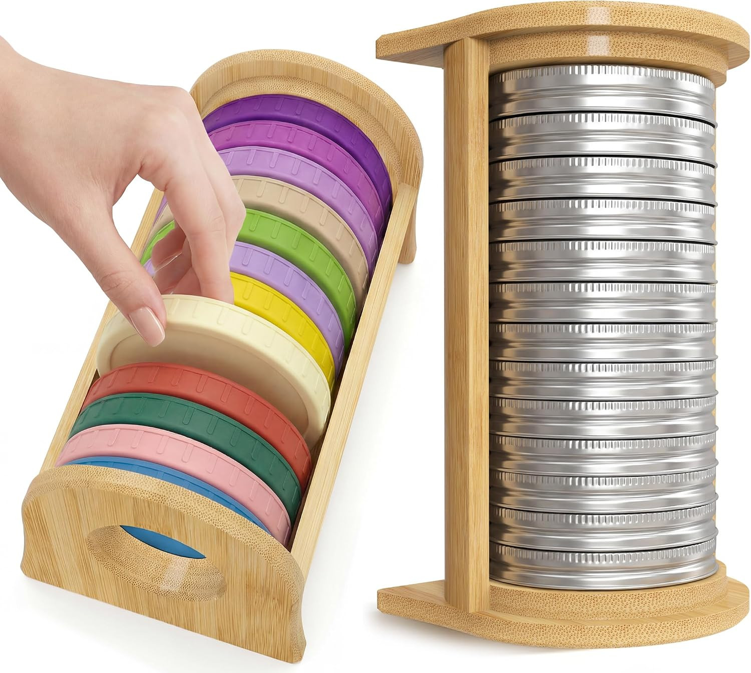Mason Jar Lid Organizer, 2 Pack Bamboo Storage Holder for Wide & Regular Mouth L