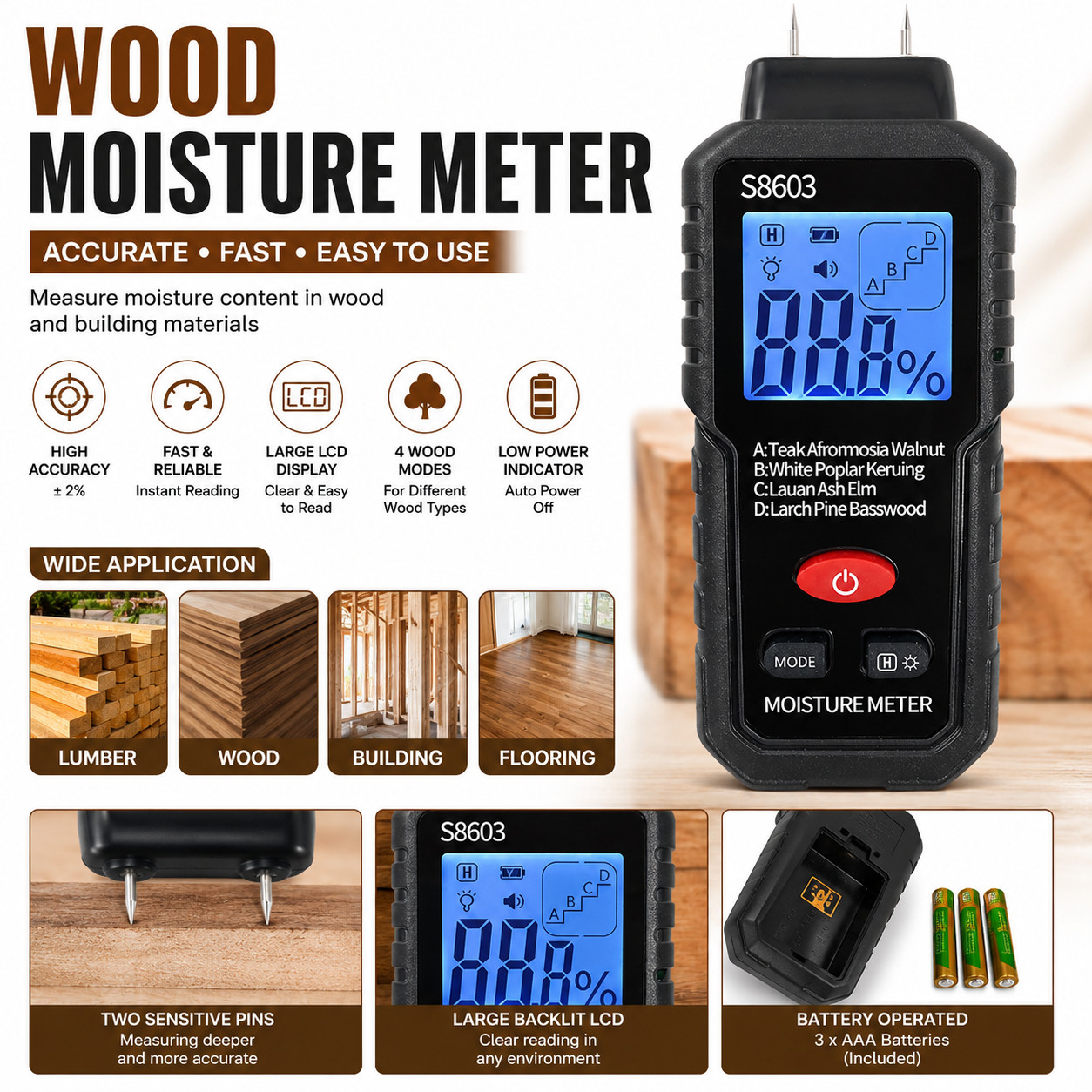 Wood Moisture Meter LCD Digital Two Pins 0-99.9% Hygrometer Timber Damp Detector