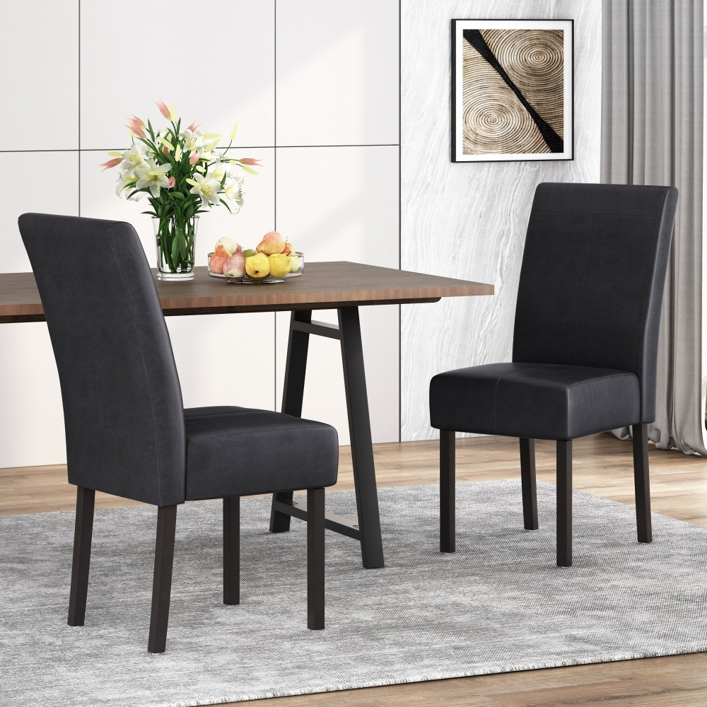 Set of 2 Black Dining Chairs - PU Leather Upholstered T-Stitch Armless Seats