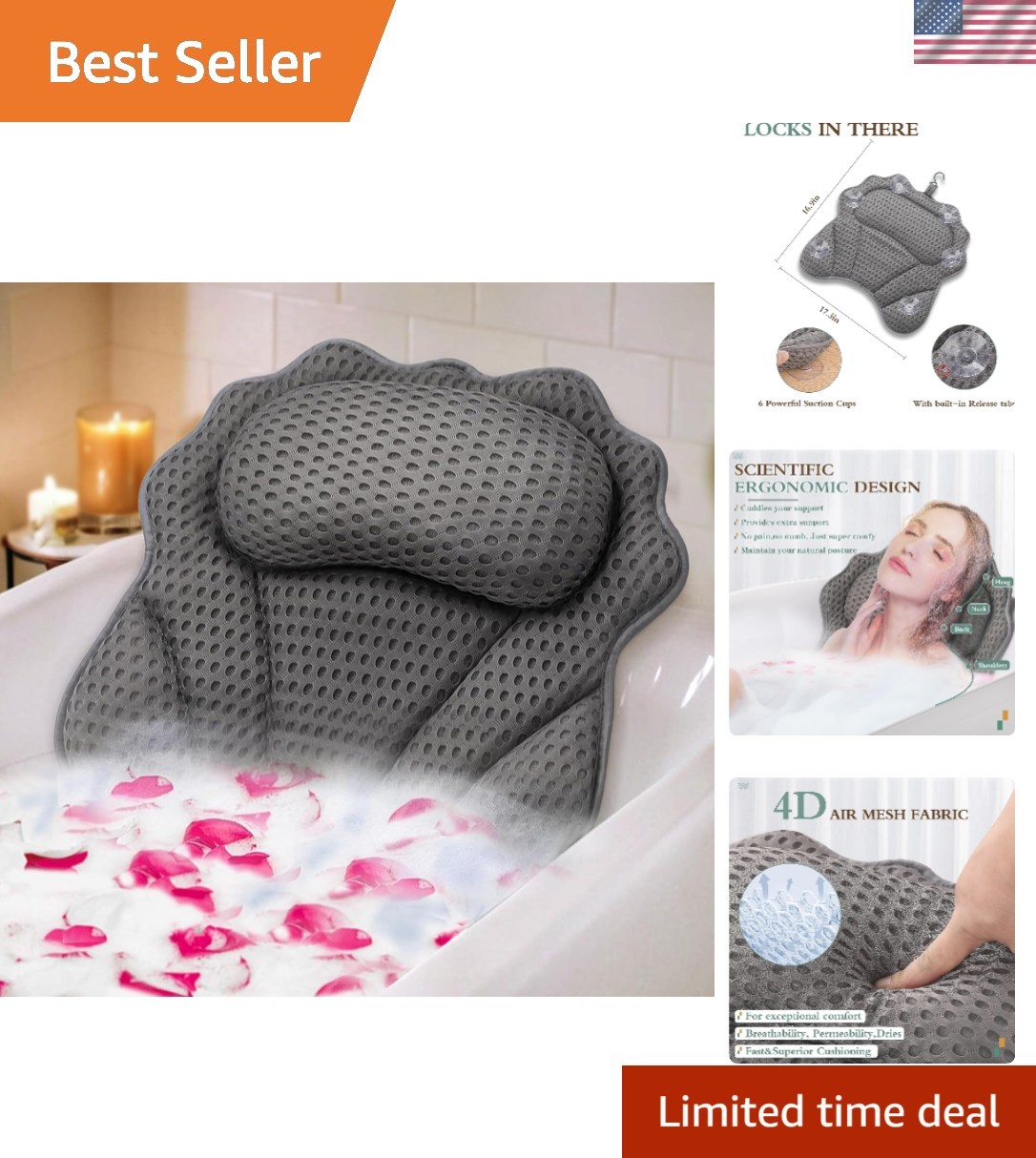 4D Mesh Bath Pillow with Six Suction Cups: Comforting Spa Experience at Home