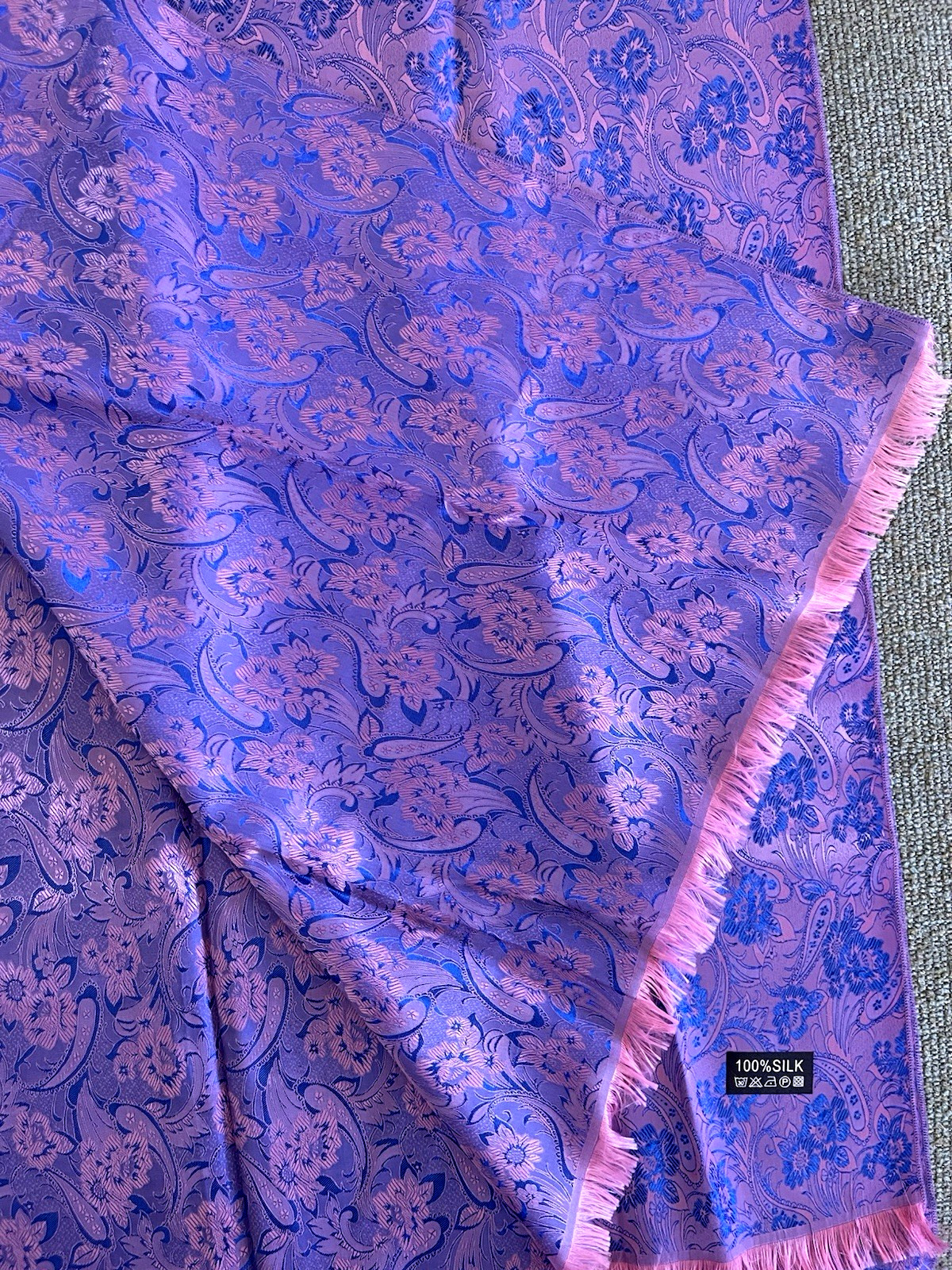 100% Silk Scarf Beautiful Royal Blue & Pink Fringe Paisley & Floral 26 x 71 New