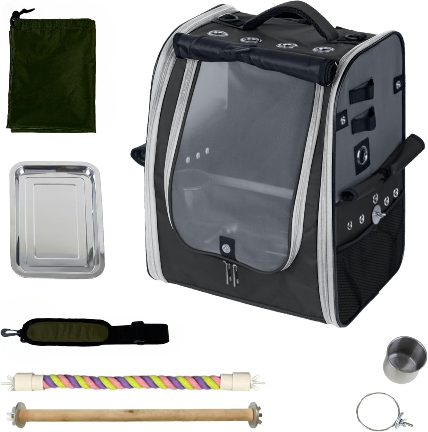Birds Day backpack-style parrot travel cage ，stainless steel tray ，charcoal gray
