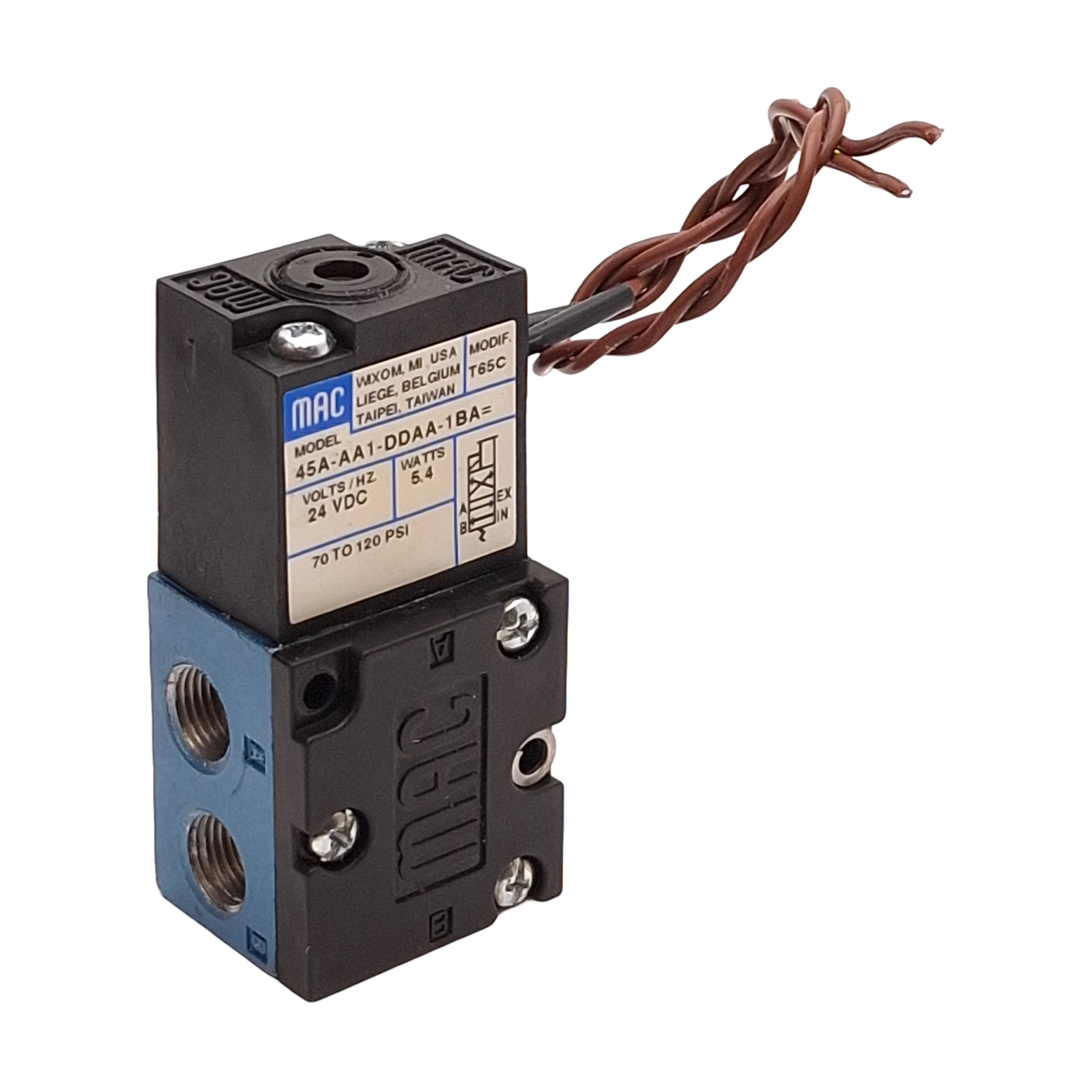 MAC 45A-AA1-DDAA-1BA Solenoid Valve, Cv=0.15, 70-120PSI, 1/8in NPTF, 24VDC Coil