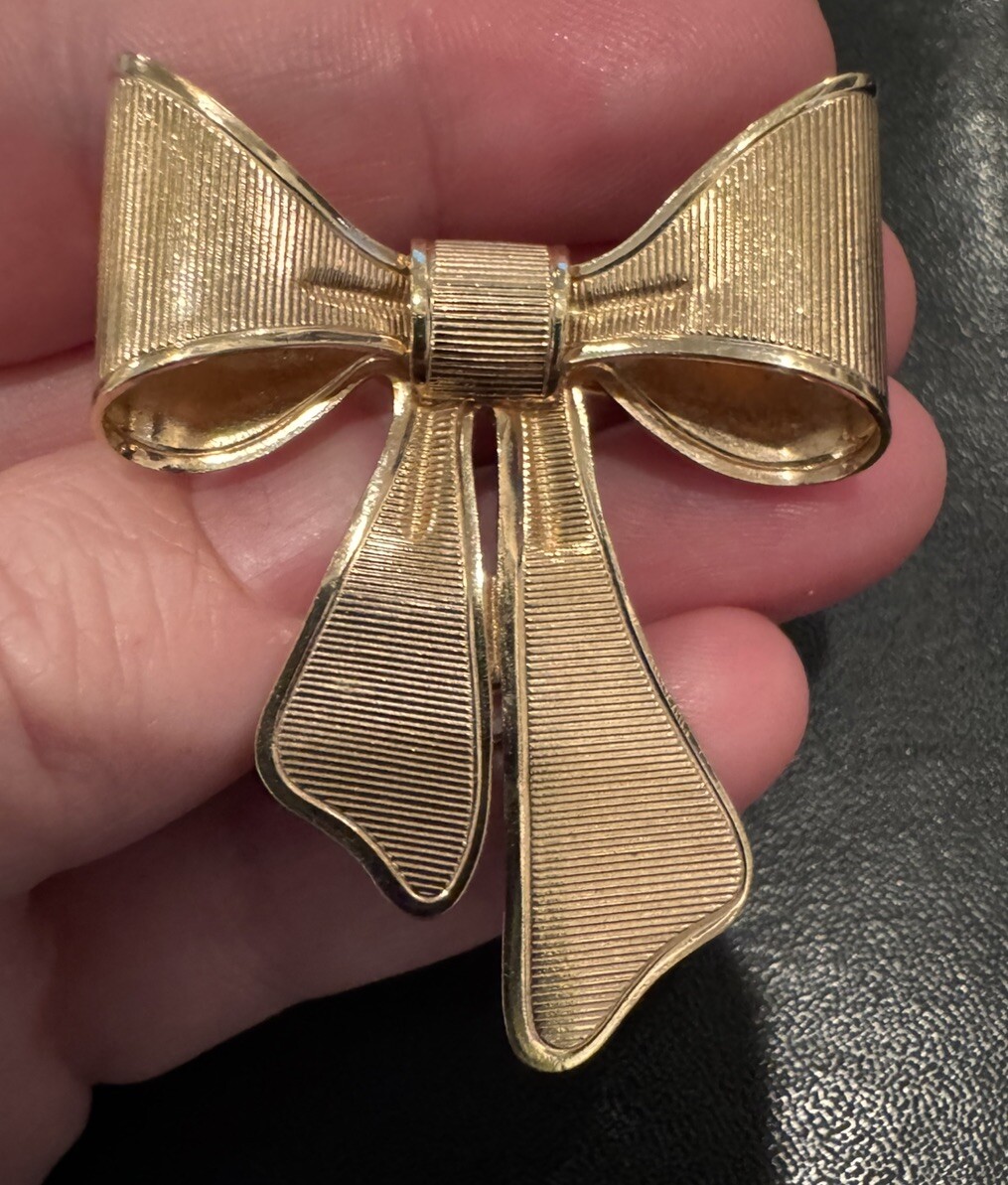 Vintage Tied Bow Signed Brooch Pin Pendant Gold Tone Large